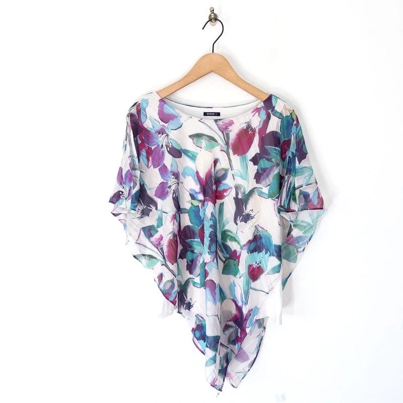 ROMAN Roman Multi Floral Asymmetric Chiffon Overlay Top Size 16 Tunic Blouse White - 1