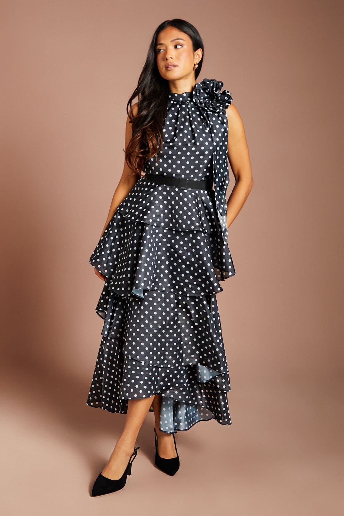 Coast Coast Women's Petite Polka Dot Tiered Organza Midi Dress in Black