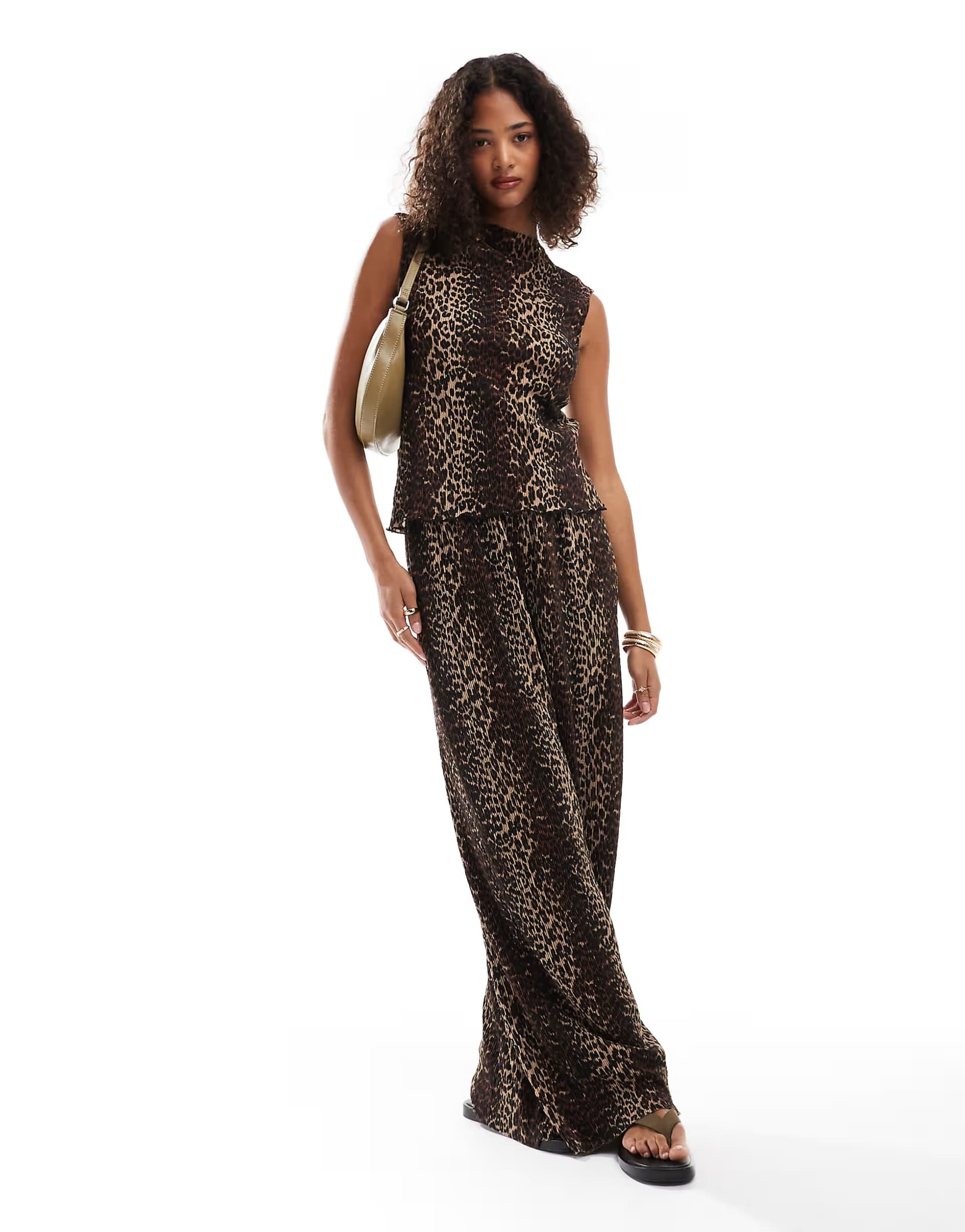 ASOS Pieces mini plisse wide leg trouser co-ord in leopard print