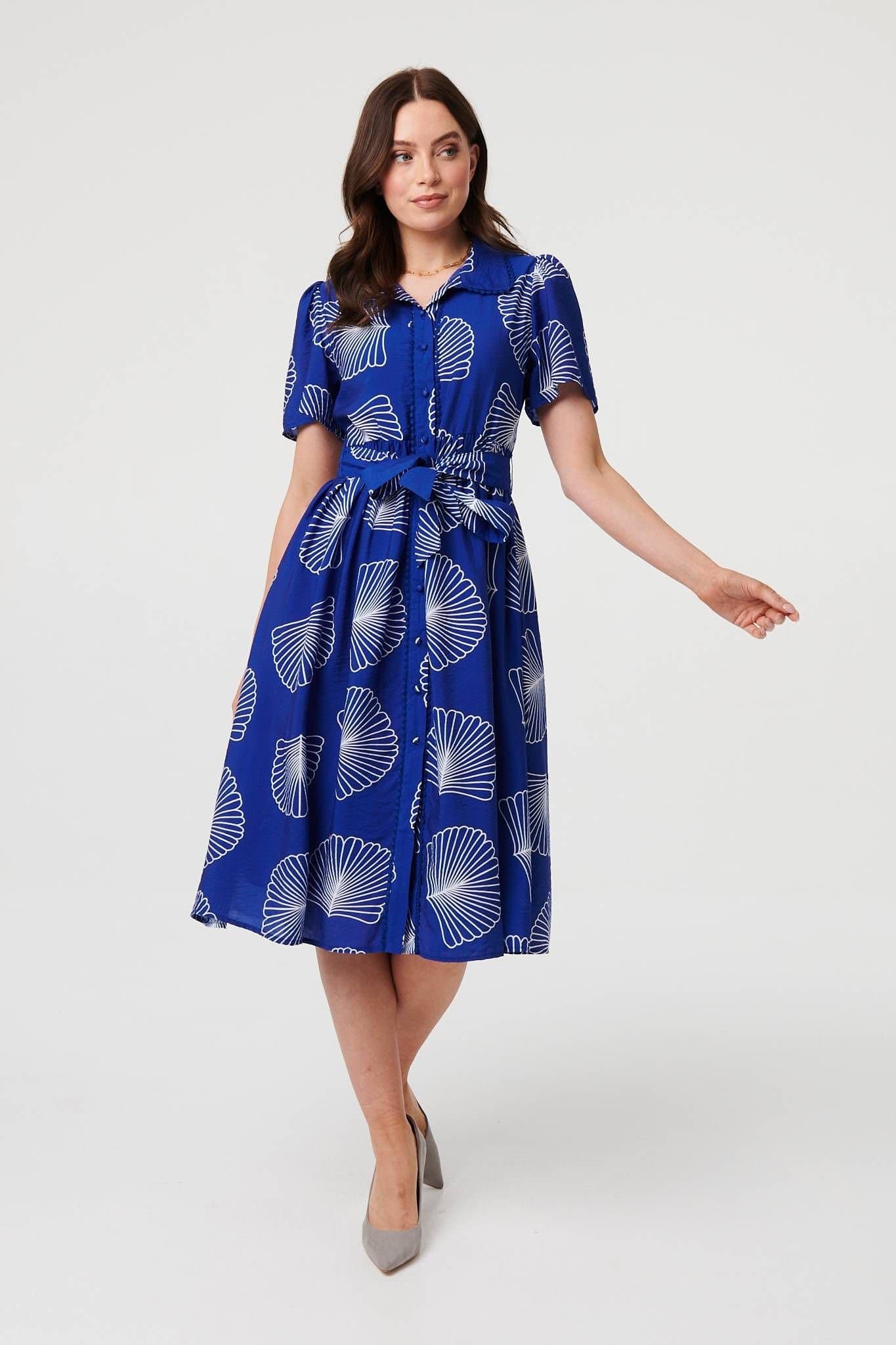 Izabel London Izabel London Women's Printed Short Sleeve Tie Midi Dress in Blue