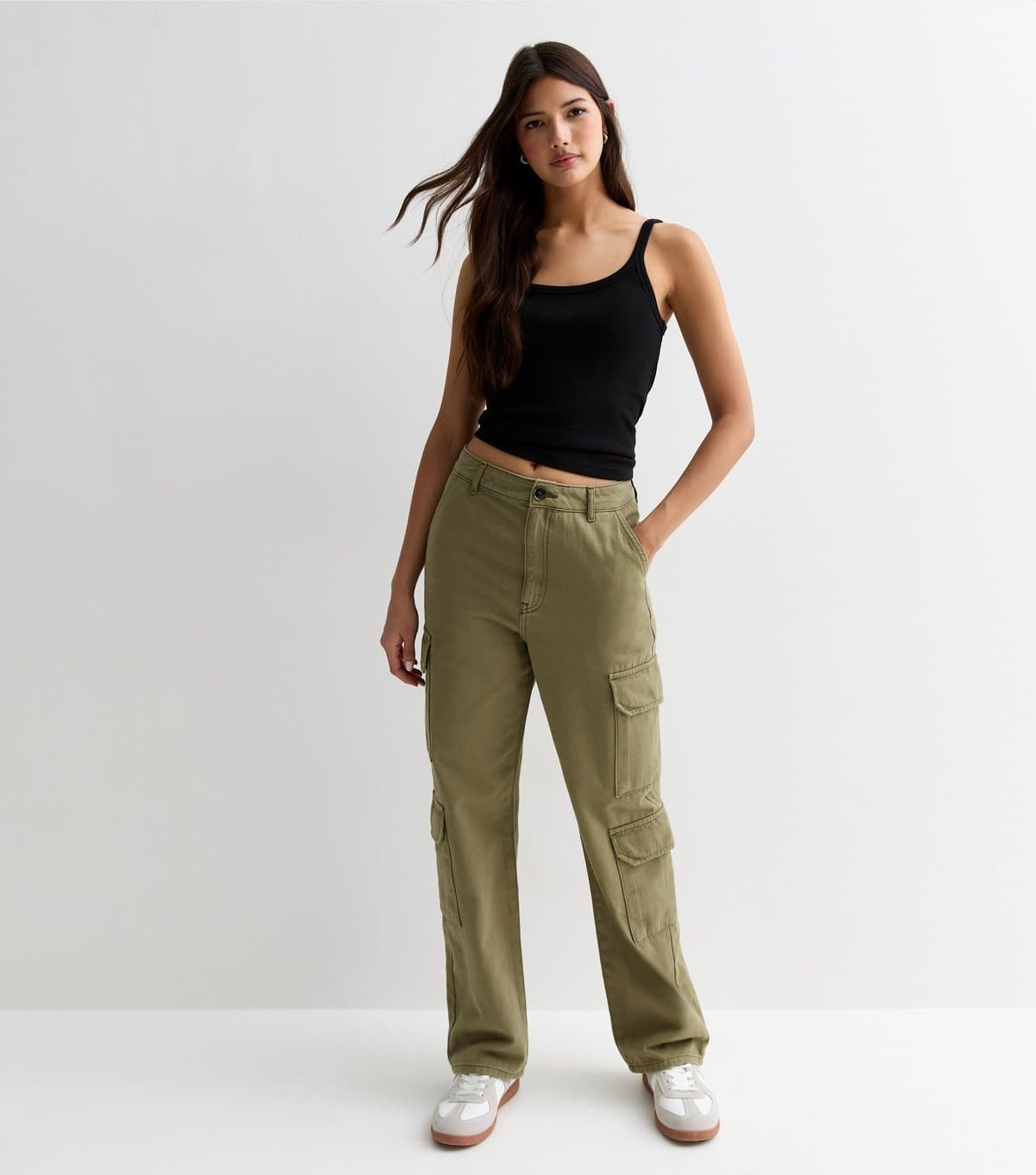 New Look Women's Khaki Denim Straight Leg Cargo Trousers New Look