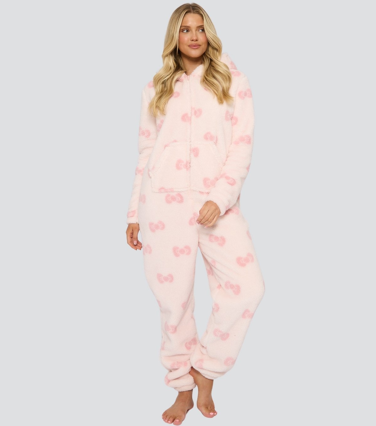 Loungeable Women's Pink Bow Print Sherpa Onesie Loungeable New Look - 2