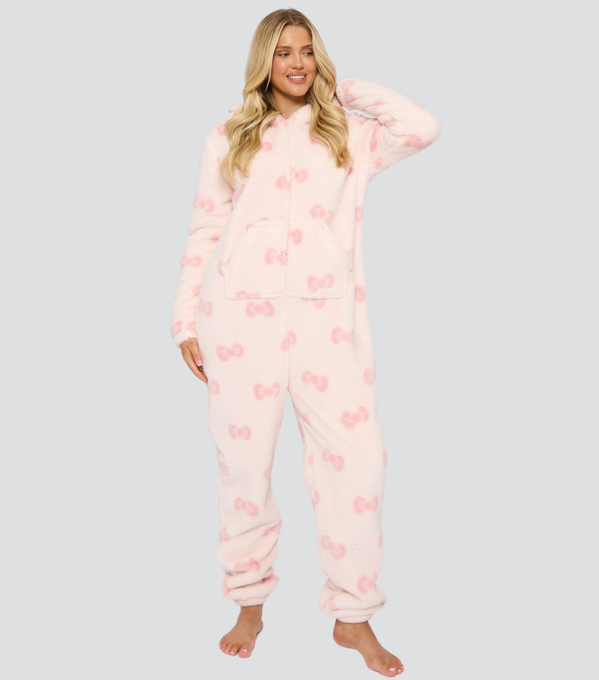 Loungeable Women's Pink Bow Print Sherpa Onesie Loungeable New Look - 3
