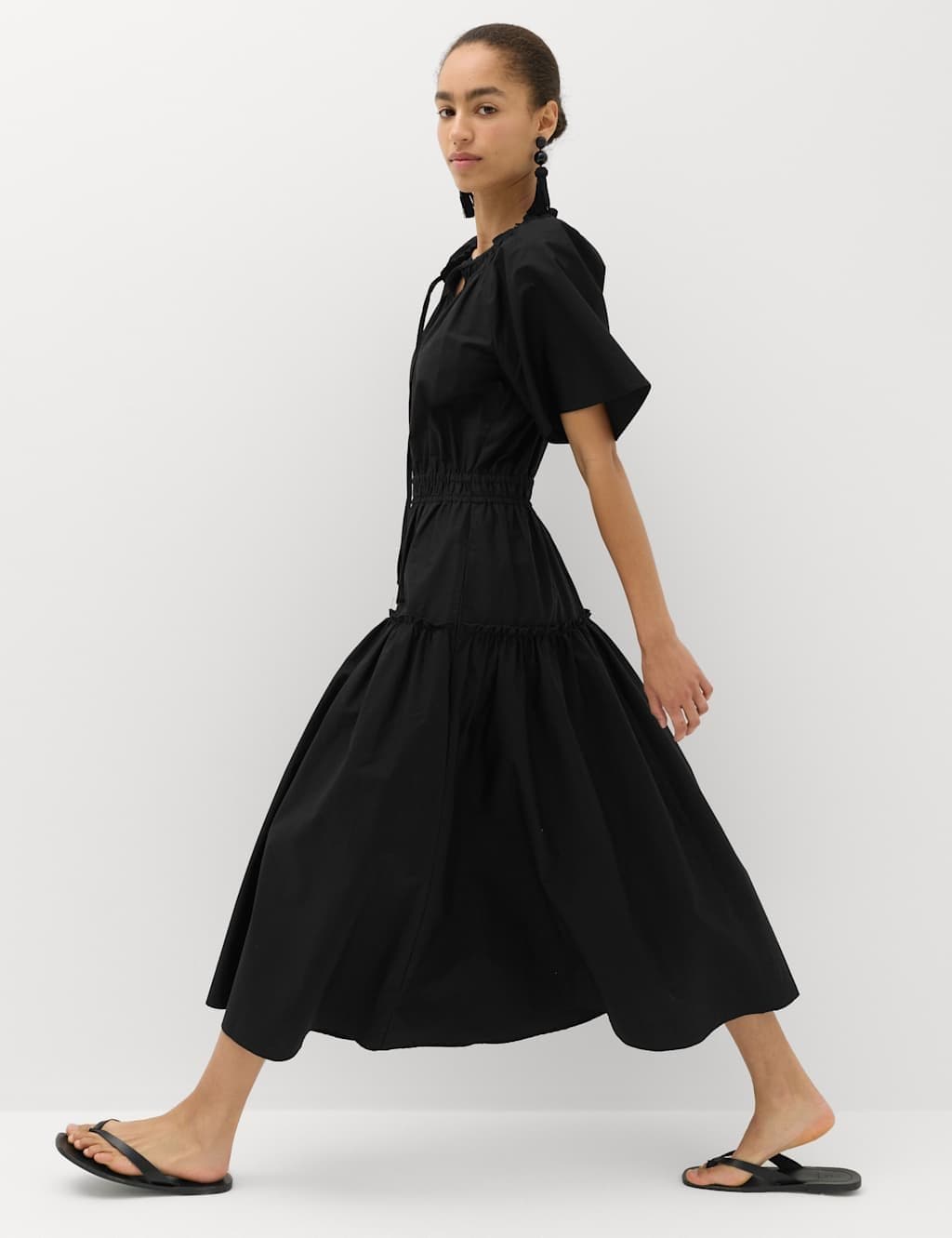 Marks & Spencer M&S Pure Cotton Tie Neck Midi Waisted Dress Black
