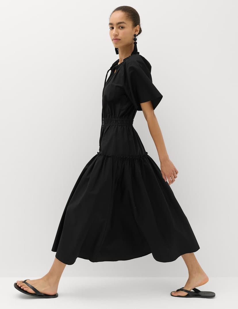 Marks & Spencer M&S Pure Cotton Tie Neck Midi Waisted Dress Black - 1