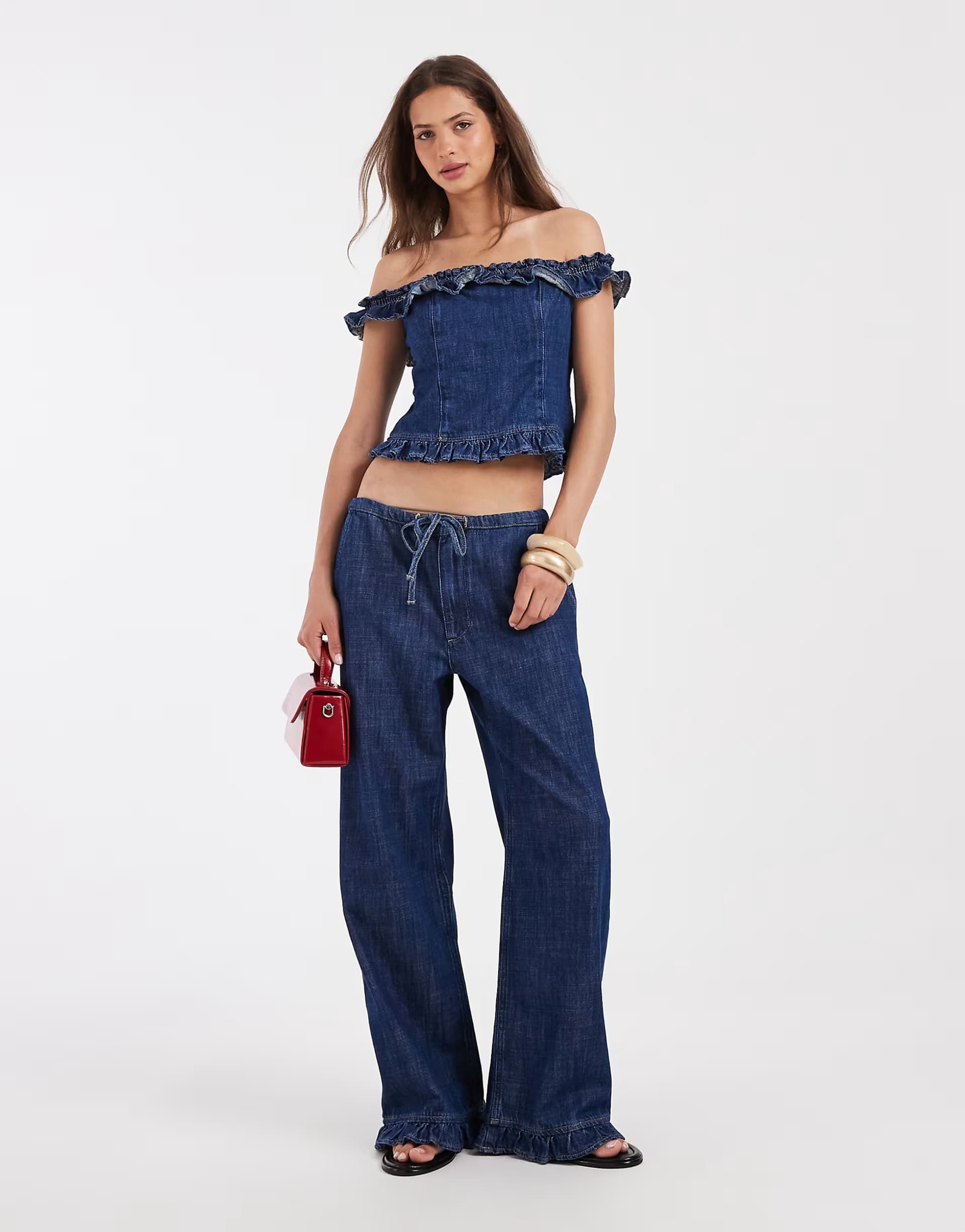 ASOS ASOS DESIGN frill bardot denim co ord in mid blue