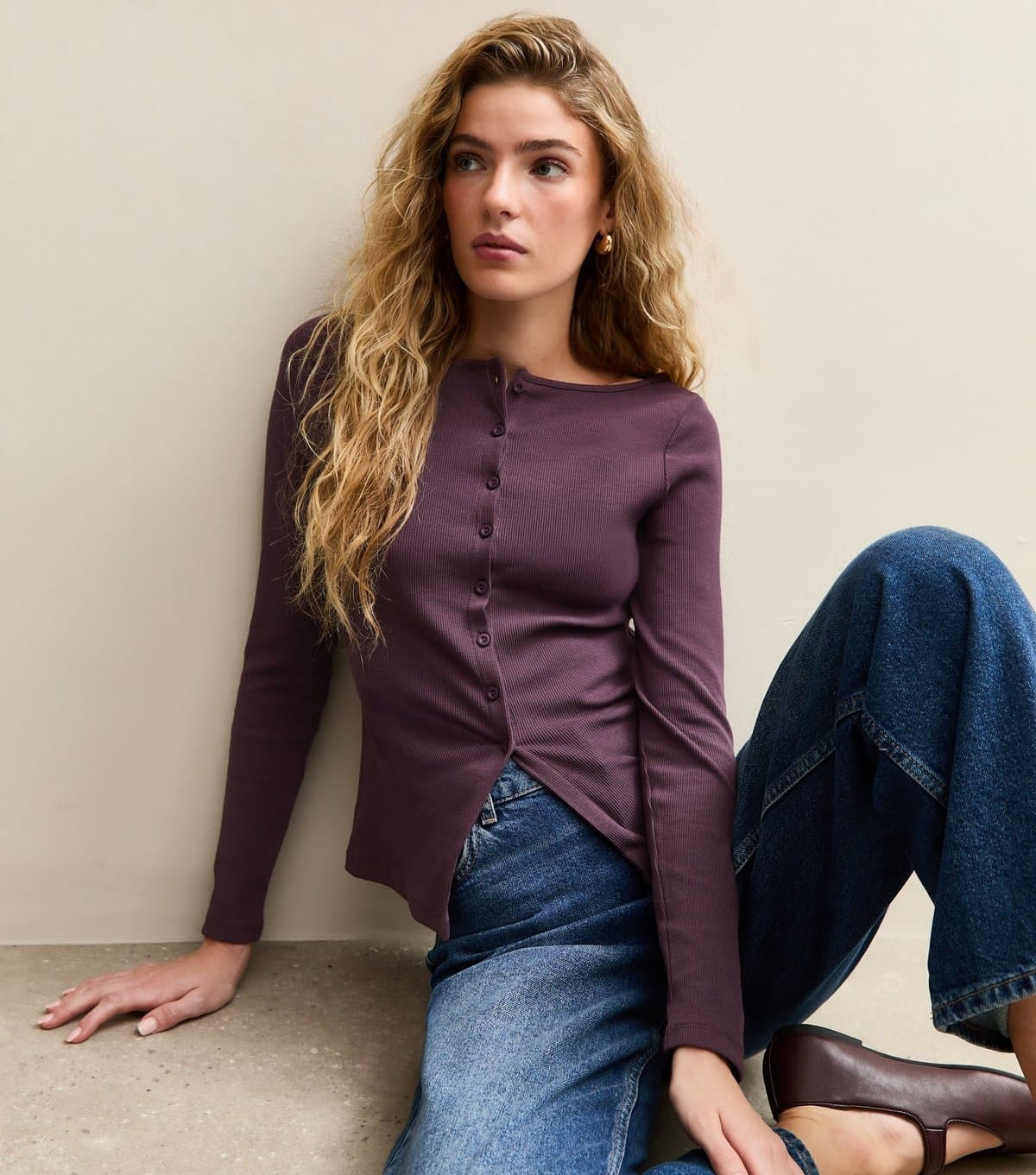 New Look Women's Dark Purple Rib Button Up Long Sleeve Top New Look