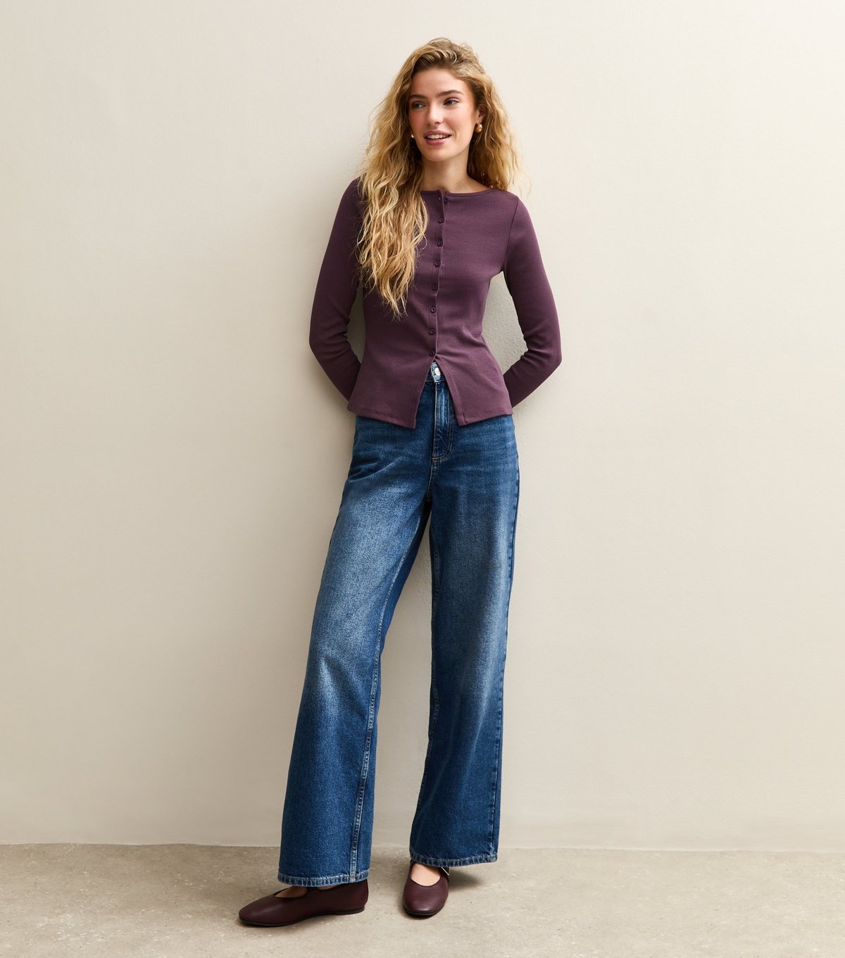 New Look Women's Dark Purple Rib Button Up Long Sleeve Top New Look - 3