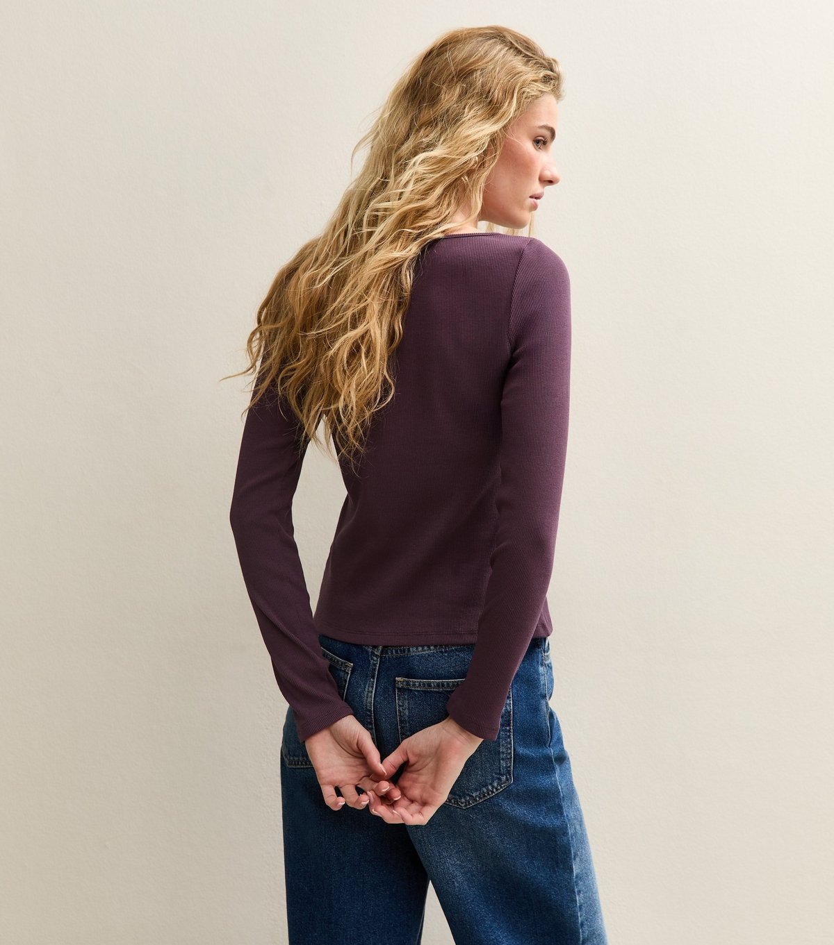 New Look Women's Dark Purple Rib Button Up Long Sleeve Top New Look - 4