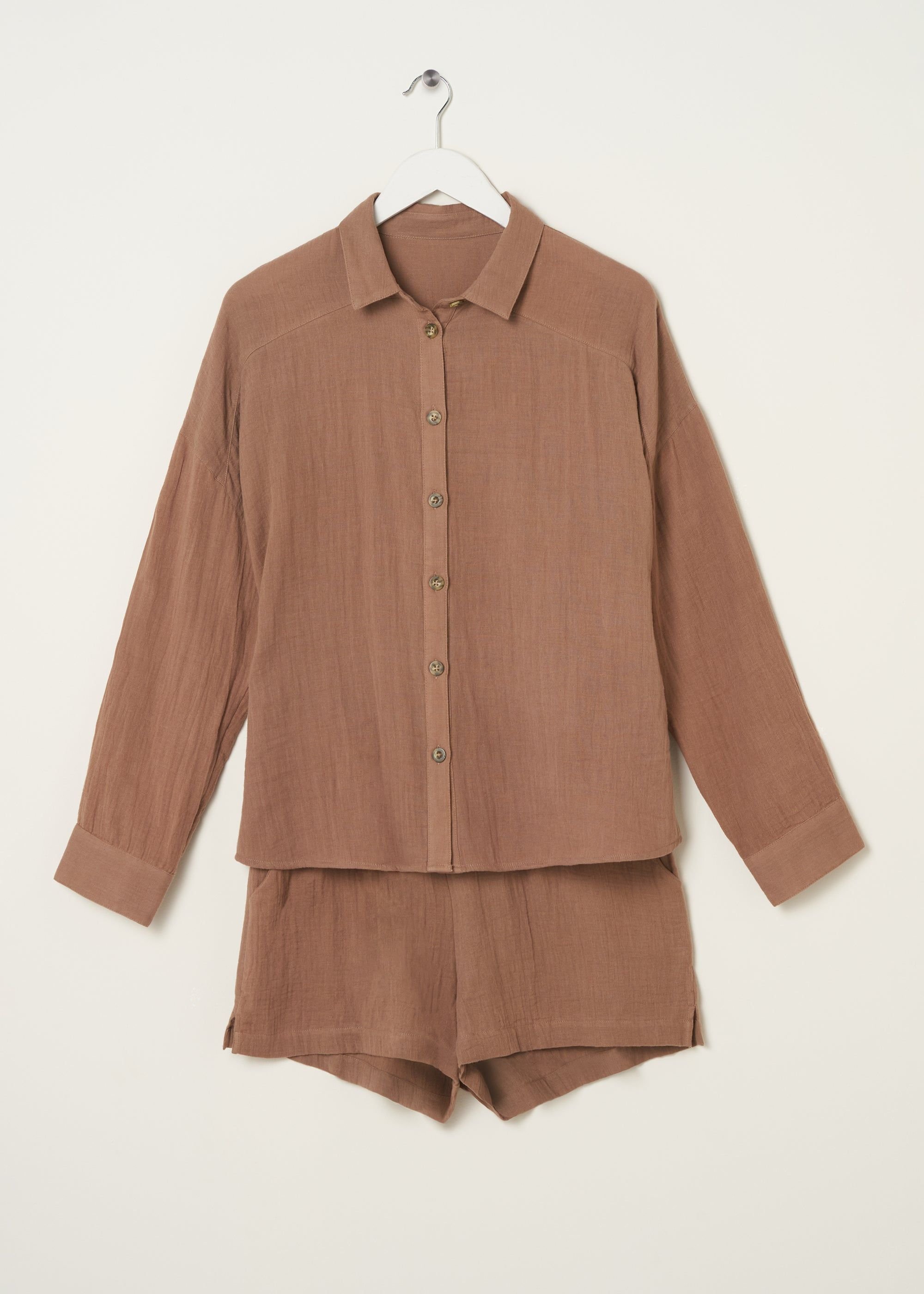 Truly Truly Women's Cotton Cheesecloth Shirt & Short Set in Camel - 3