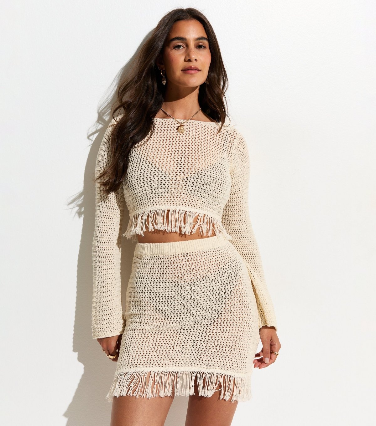 New Look Women's Cream Crochet Knit Tassel Trim Long Sleeve Crop Top New Look - 2