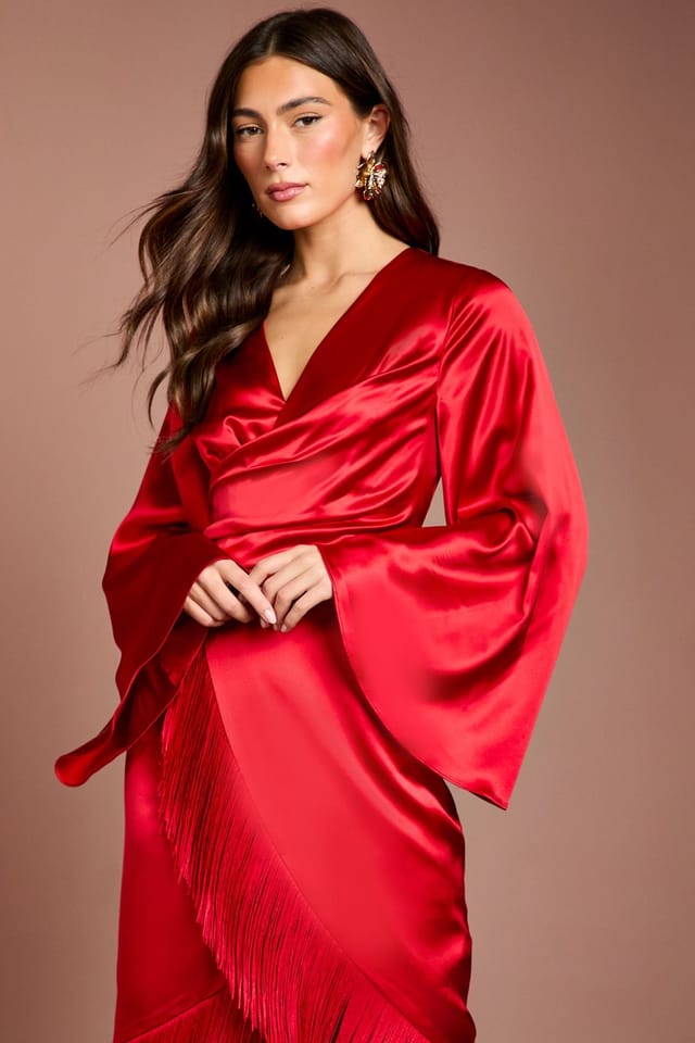 Coast Coast Women's Satin Fringe Hem Wrap Waist Midi Dress in Red - 2