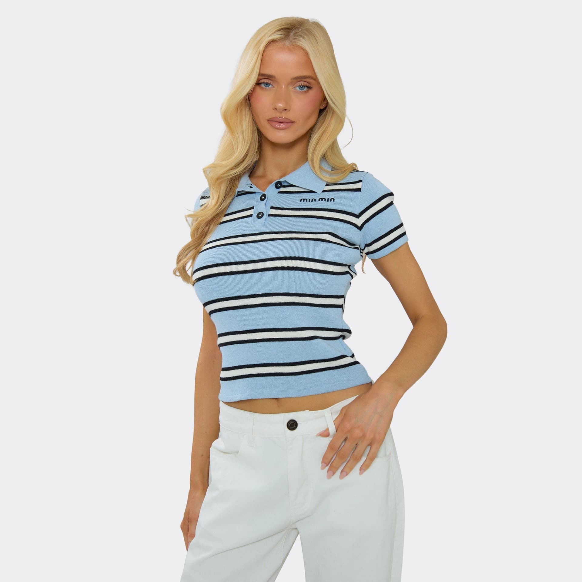 EGO EGO Blue Stripe Knit Collared Button Down Top