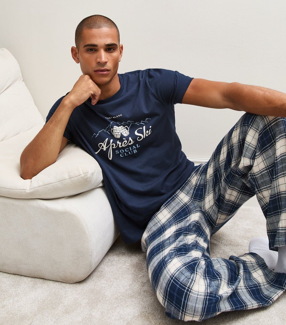 New Look Men's Blue Regular Cotton Apres Ski T-Shirt and Trousers Pyjama Set New Look