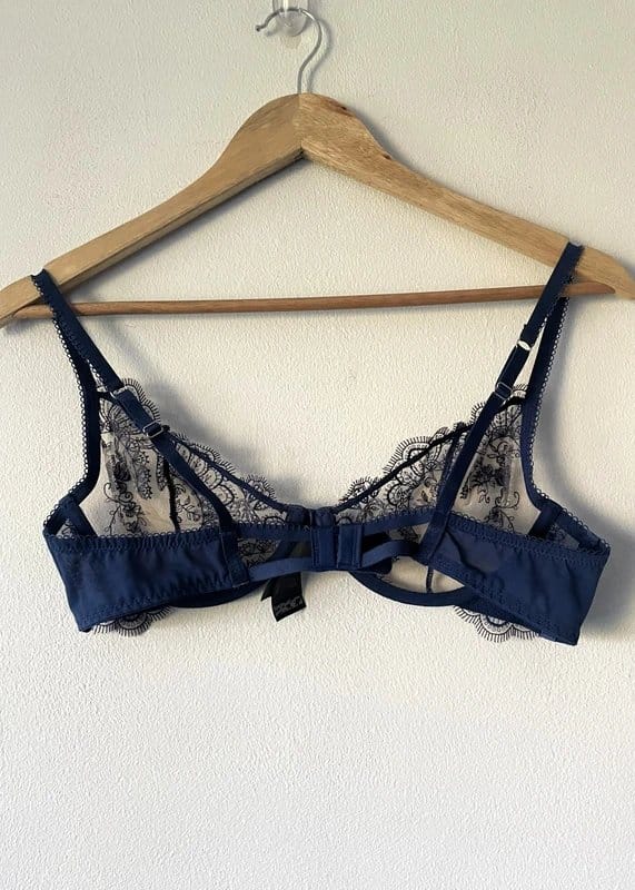 ASOS Navy & Sheer Embroidered Lace Cut Out Underwired Bra, Size