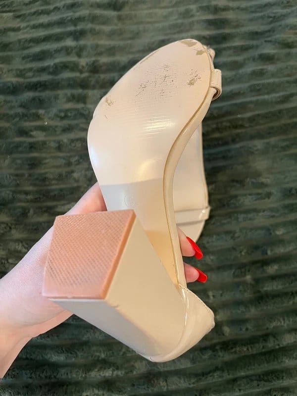 Vintage Dressing Beige nude patent faux leather block chunky ankle strap strappy heeled sandals - 1