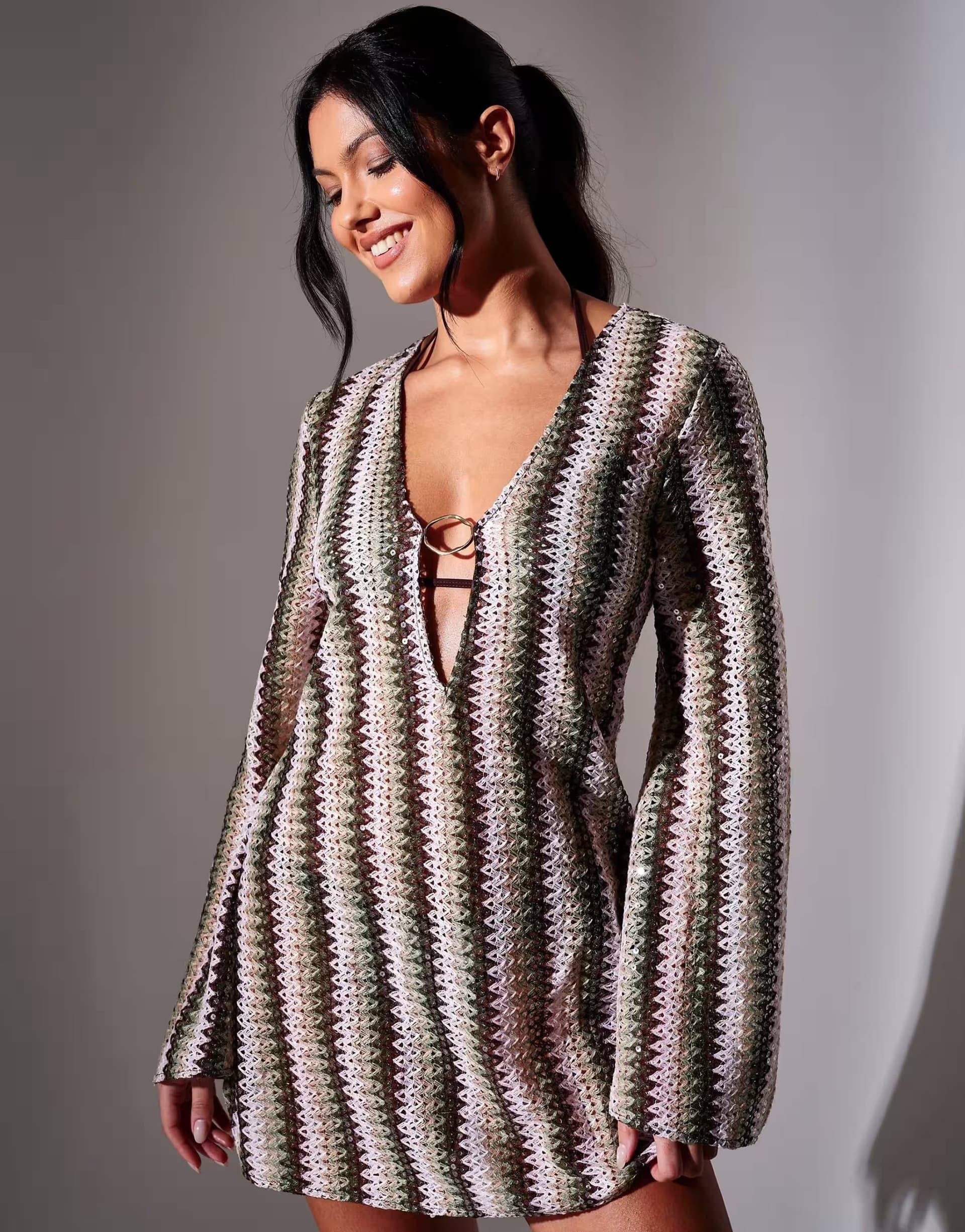 ASOS South Beach Sequin crochet ring decal kaftan mini dress in multi