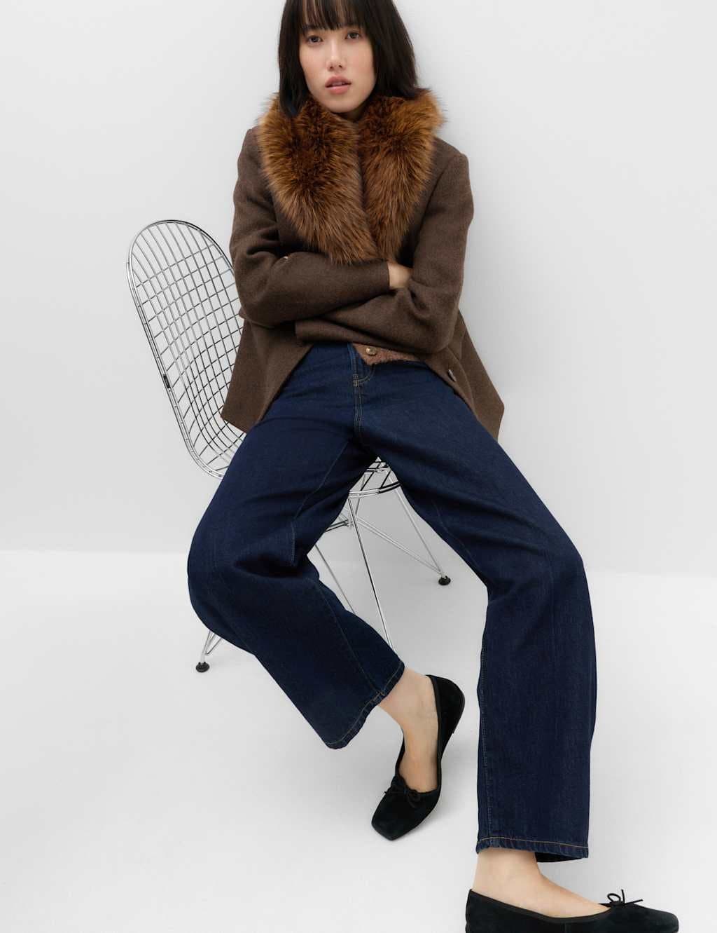 Marks & Spencer M&S Faux Fur Trim Textured Blazer Brown Mix