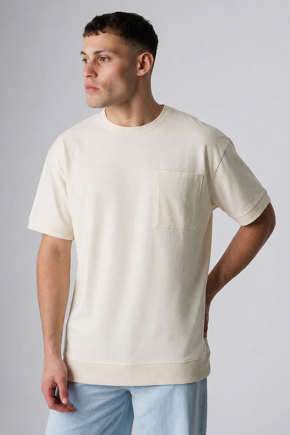 Influence Influence Men's Cotton Crew Neck Chest Pocket Short Sleeve T-Shirt in Ecru