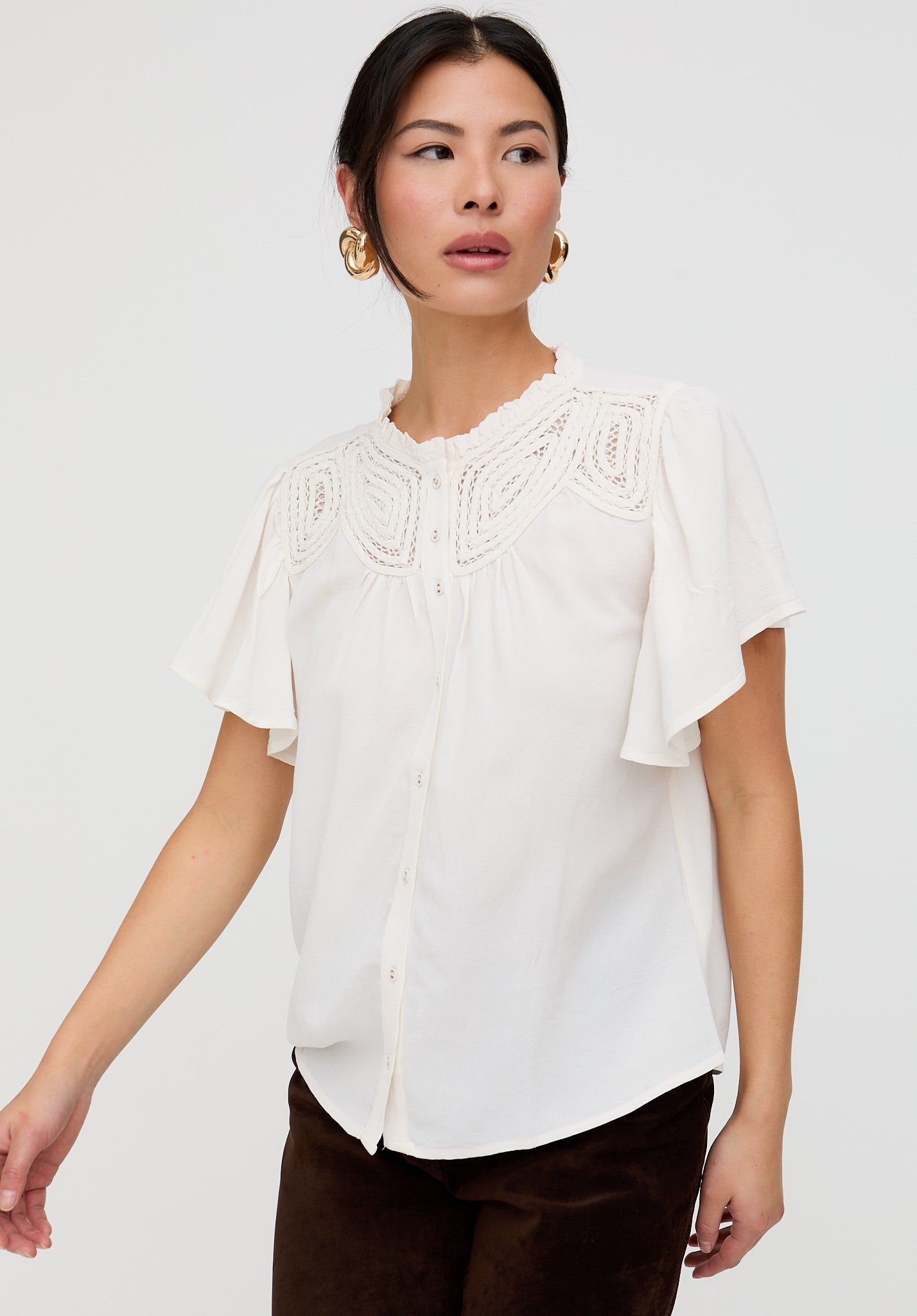 Lily and Lionel Lily and Lionel Women's Kew Lace Insert Angel Sleeve Shirt In Cream in Ecru - 3