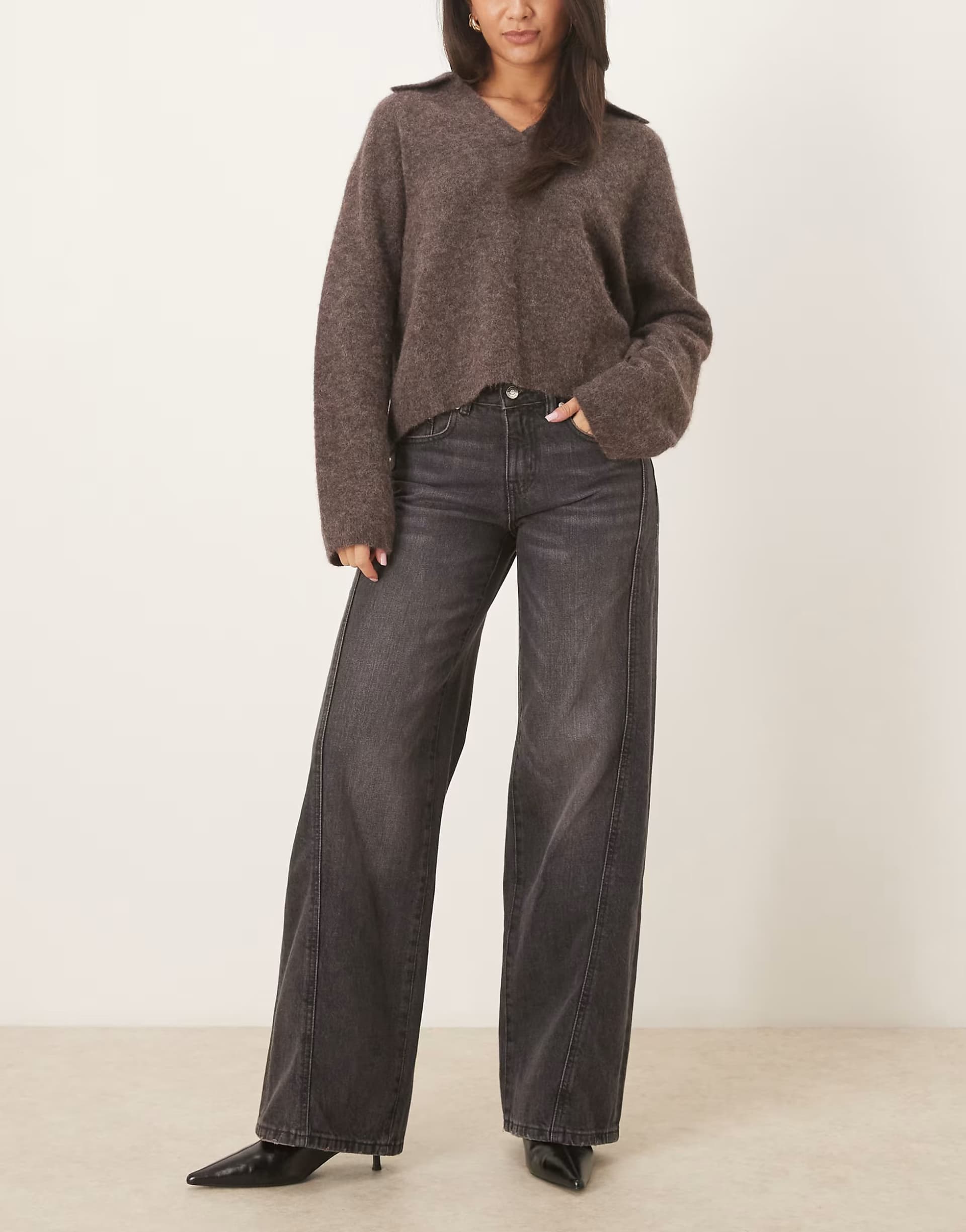 ASOS Gina Tricot low waist wide leg front seam jeans in off black
