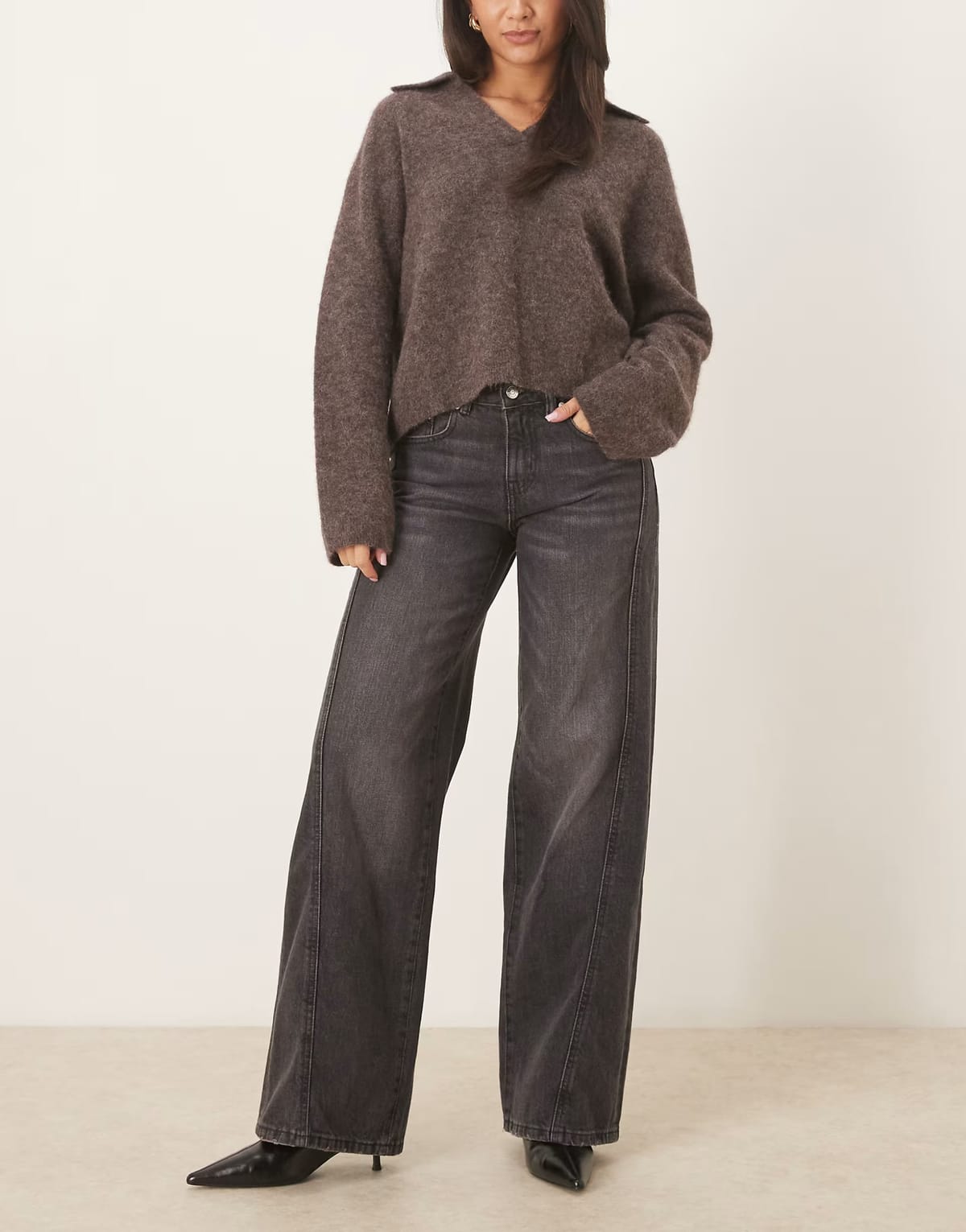 ASOS Gina Tricot low waist wide leg front seam jeans in off black - 1