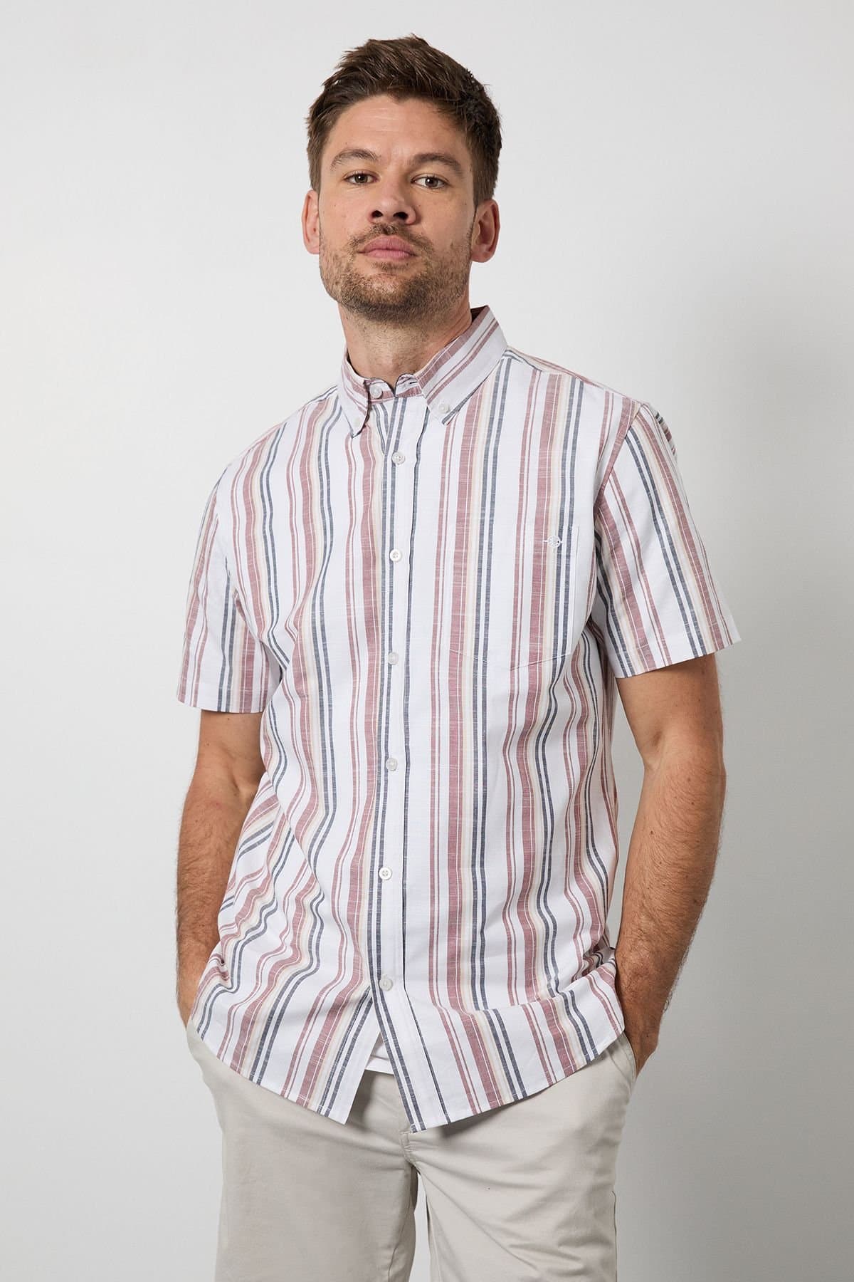 Maine Maine Men's Rust Orange Multi Stripe Short Sleeve Shirt