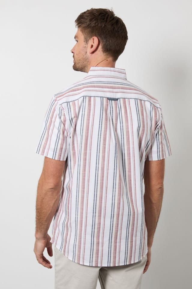 Maine Maine Men's Rust Orange Multi Stripe Short Sleeve Shirt - 3