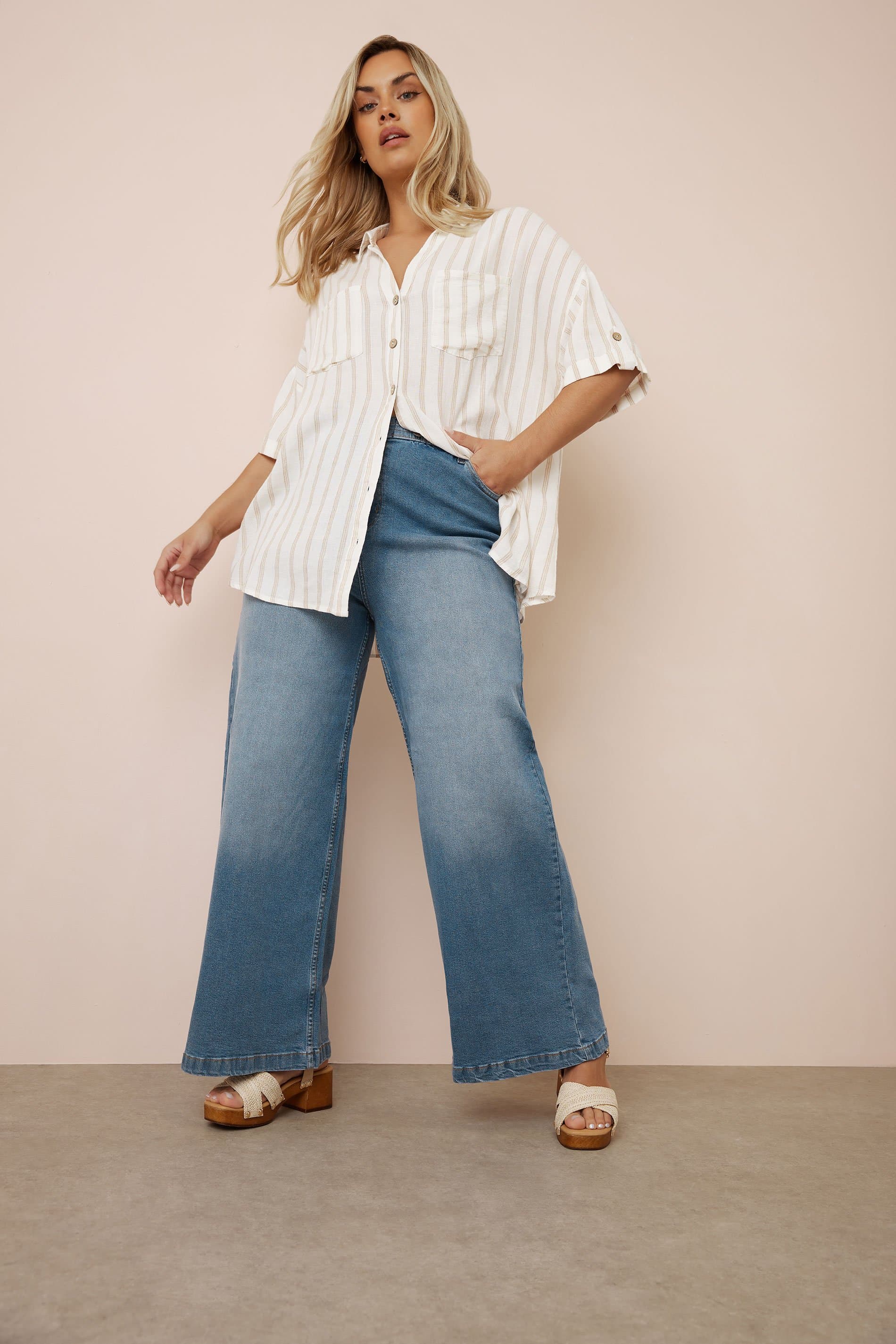 Yours Plus Size Cream Short Sleeve Linen Stripe Shirt