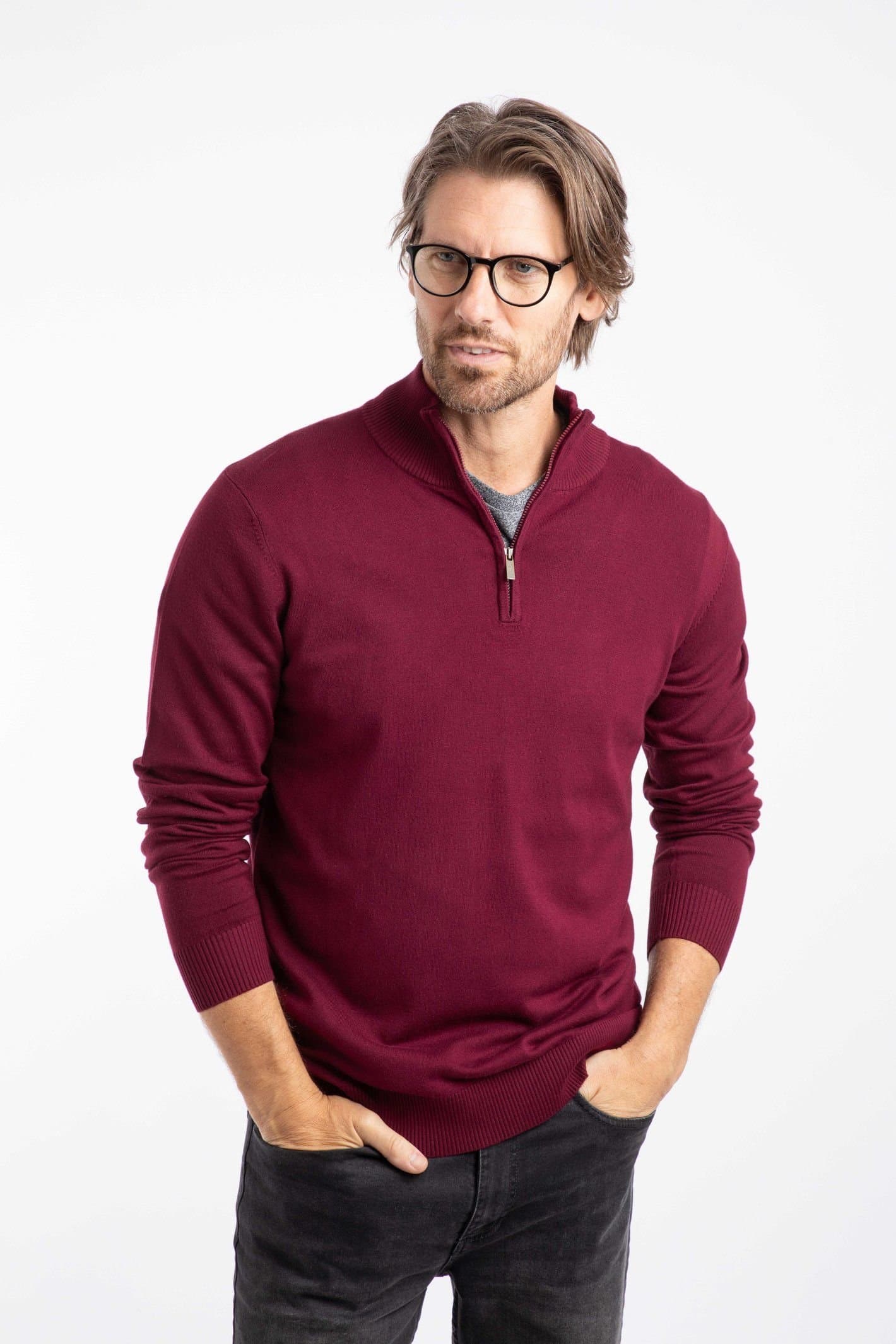 Weird Fish Weird Fish Men's Frederick 1/4 Zip Fine Knit Jumper in Wine