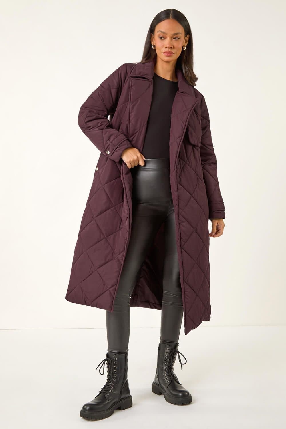 Dusk Dusk Women's Chevron Wrap Quilted Puffer Coat in Wine