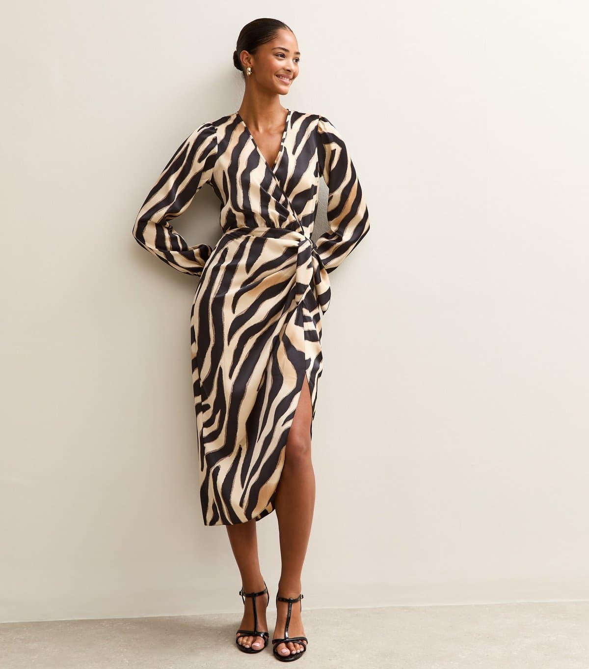 New Look Women's Black Zebra Print Satin Tie Waist Midi Dress New Look