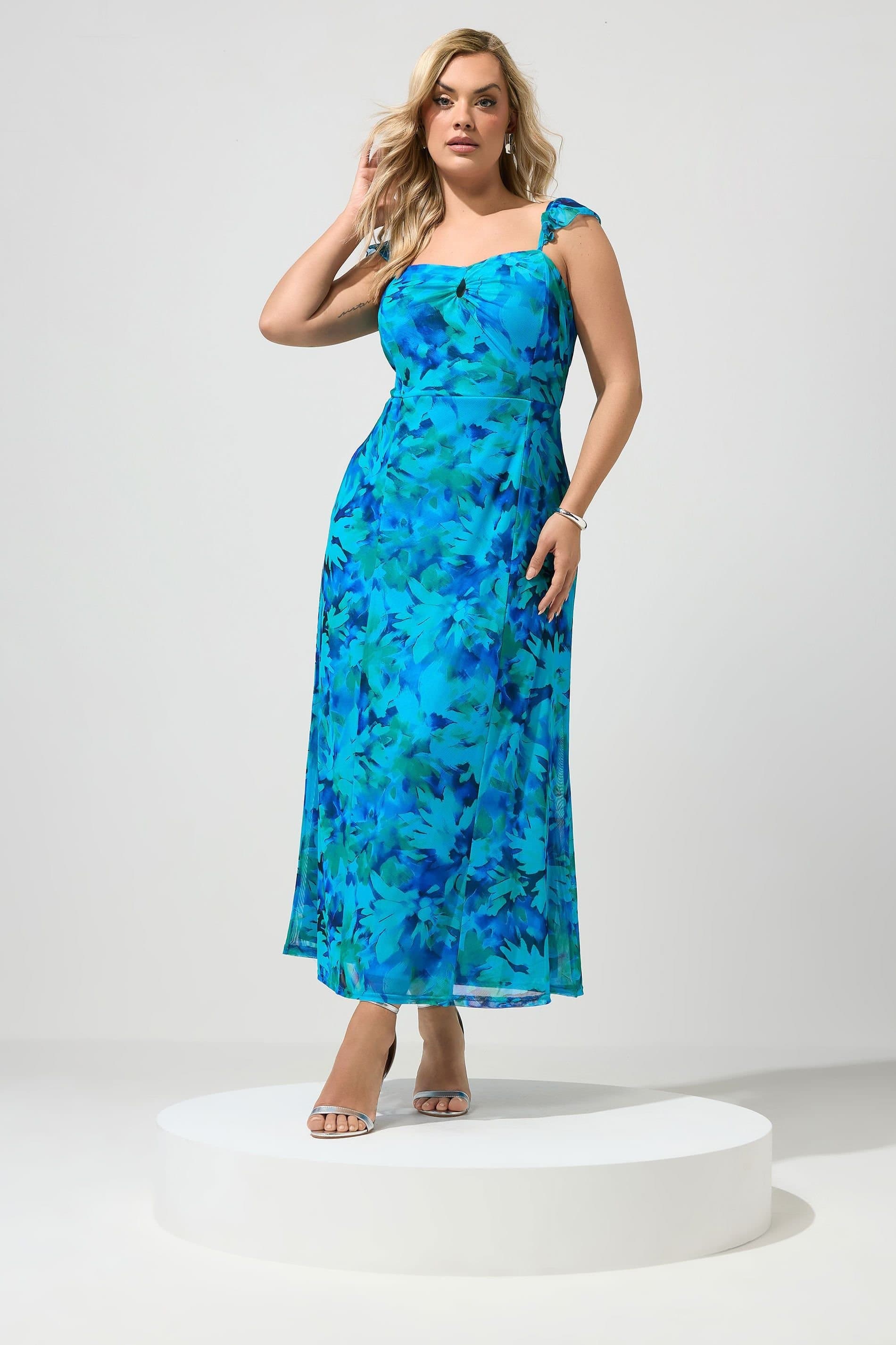 Yours Yours Women's Abstract Keyhole Ruffle Maxi Dress in Bright Blue