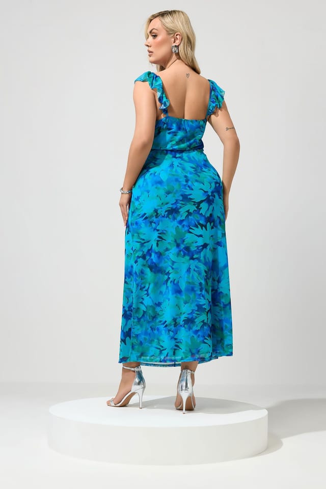 Yours Yours Women's Abstract Keyhole Ruffle Maxi Dress in Bright Blue - 3