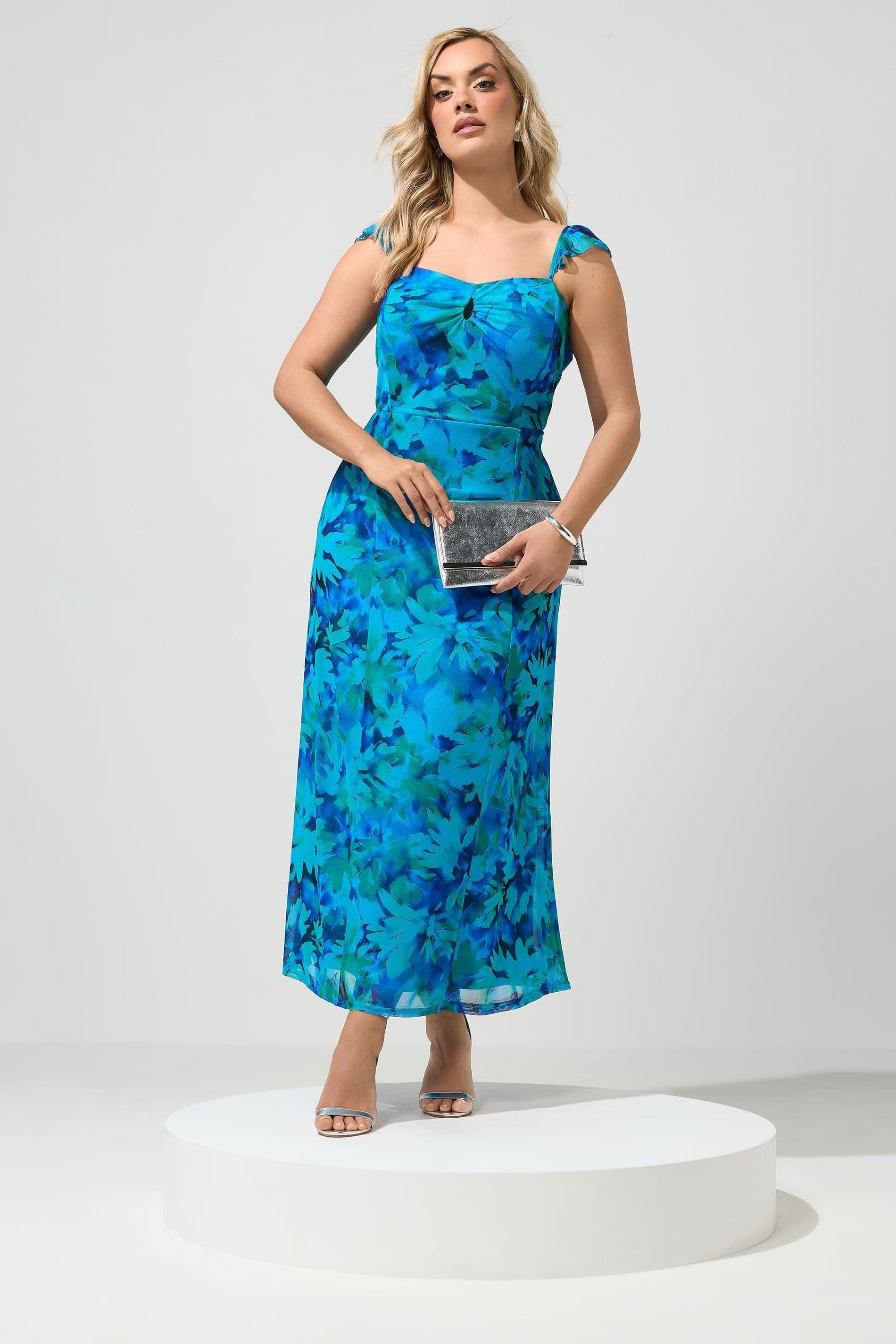 Yours Yours Women's Abstract Keyhole Ruffle Maxi Dress in Bright Blue - 4