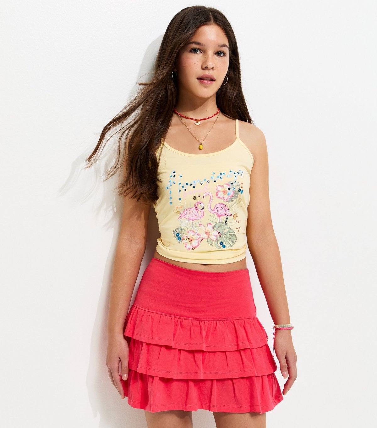 New Look Girls' Coral Pink Jersey Tiered Rara Skort New Look - 2