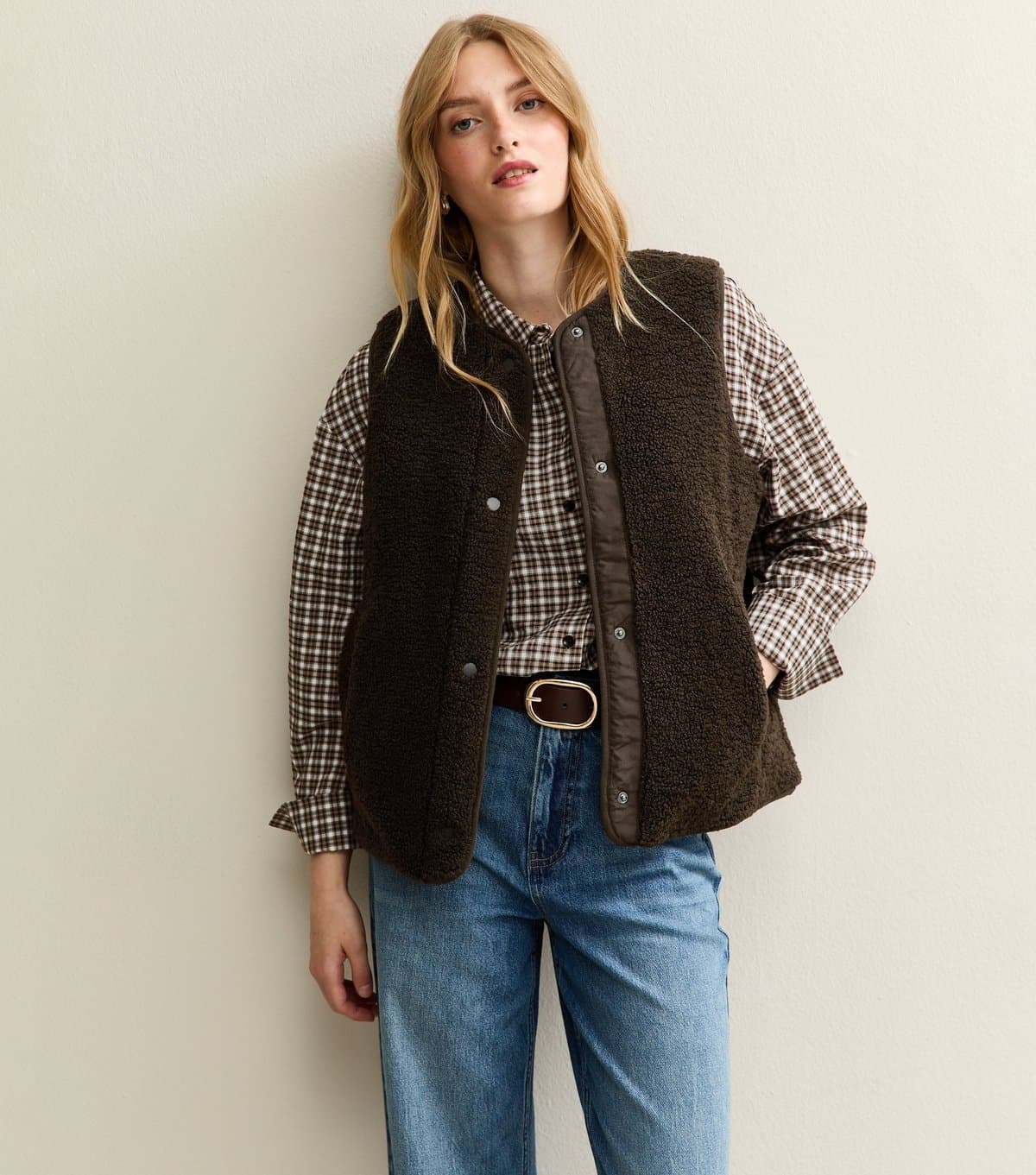 New Look Women's Dark Brown Borg Sleeveless Gilet Jacket New Look