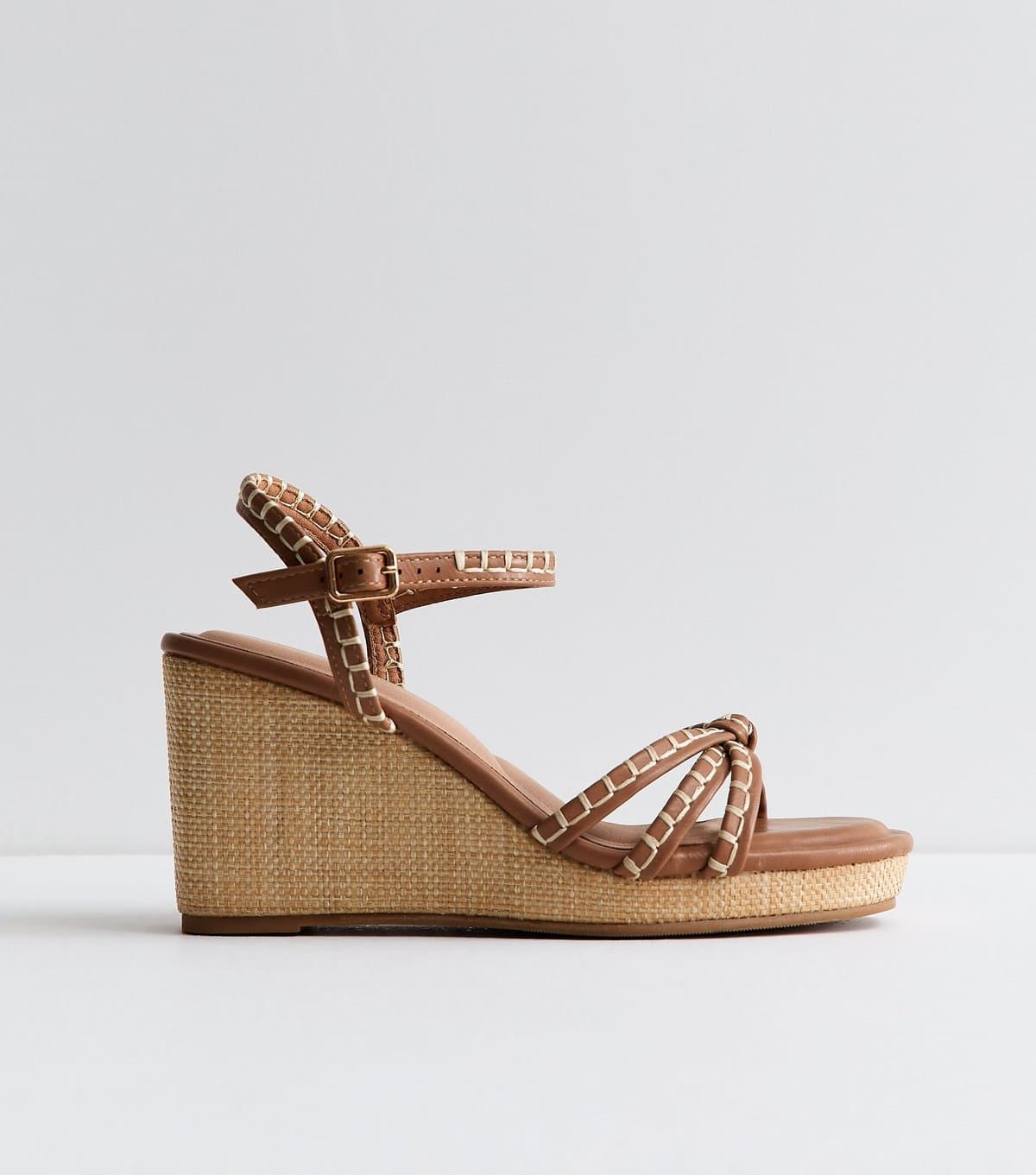 New Look Women's Tan Faux Leather Whipstitch Trim Wedge Sandals Vegan New Look