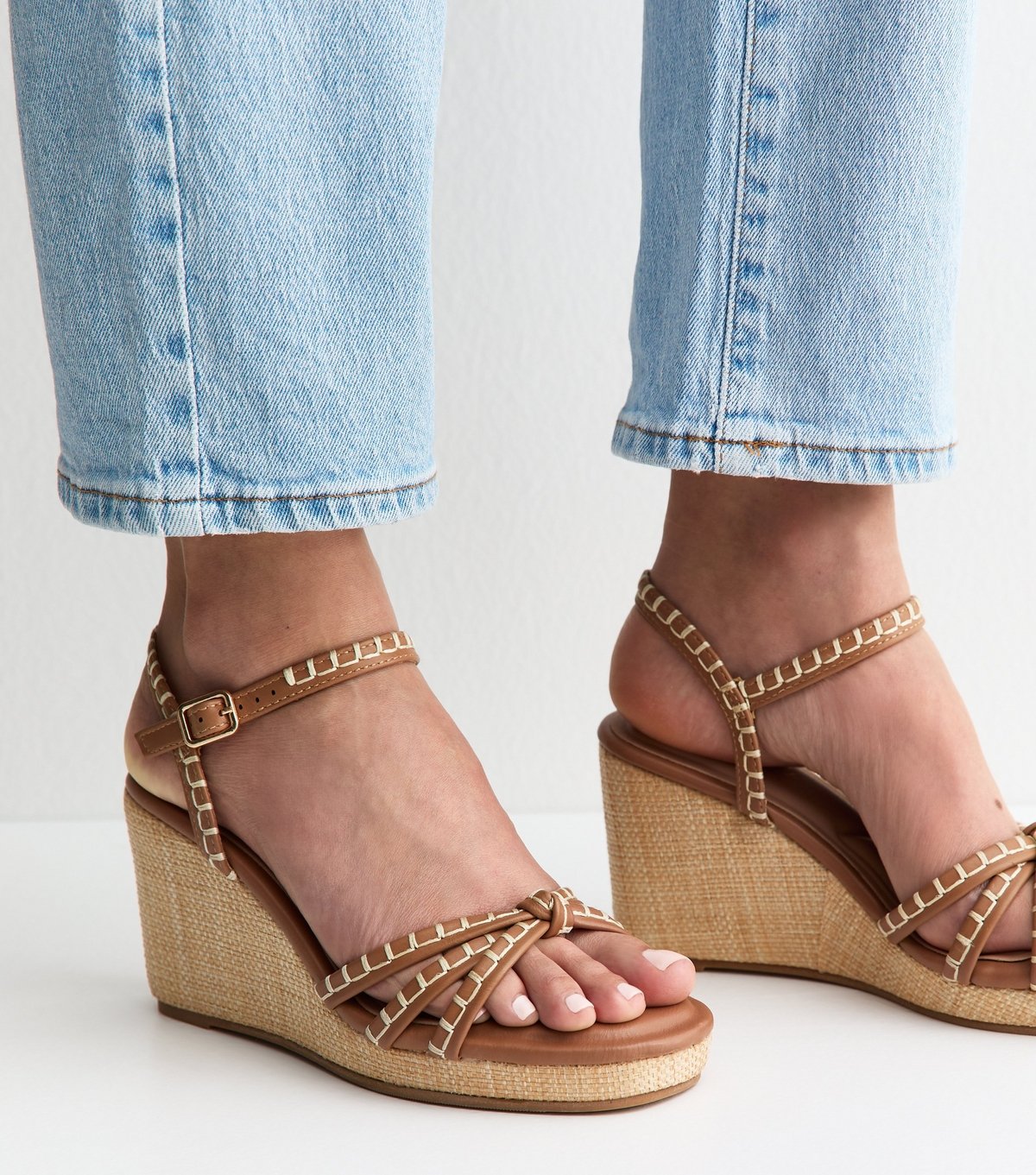 New Look Women's Tan Faux Leather Whipstitch Trim Wedge Sandals Vegan New Look - 2