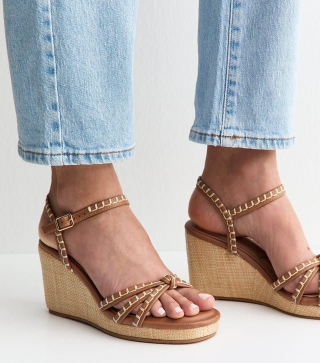 New Look Women's Tan Faux Leather Whipstitch Trim Wedge Sandals Vegan New Look - 2