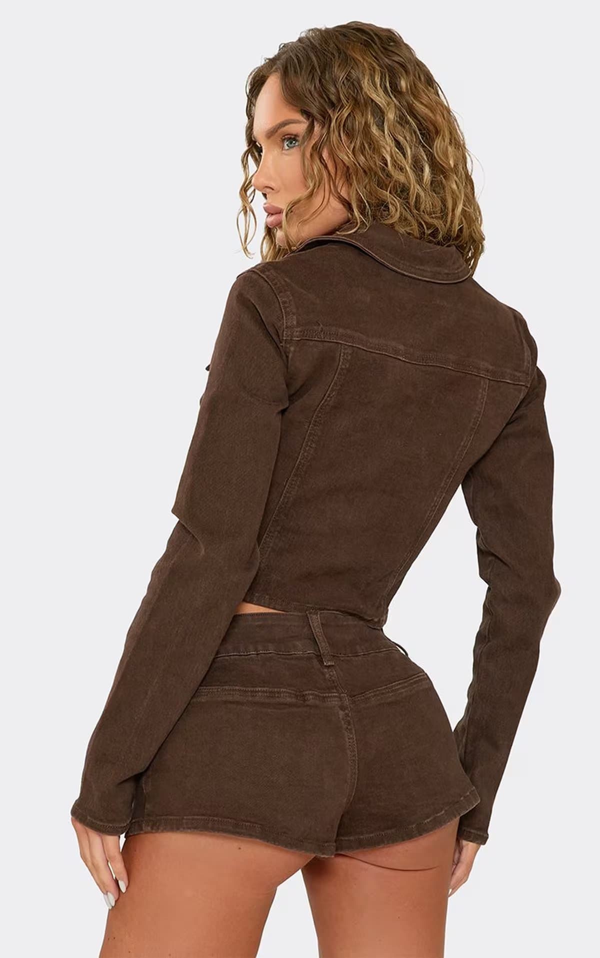 EGO Low Rise Button Front Shorts In Chocolate Brown Denim, Women's Size UK 6