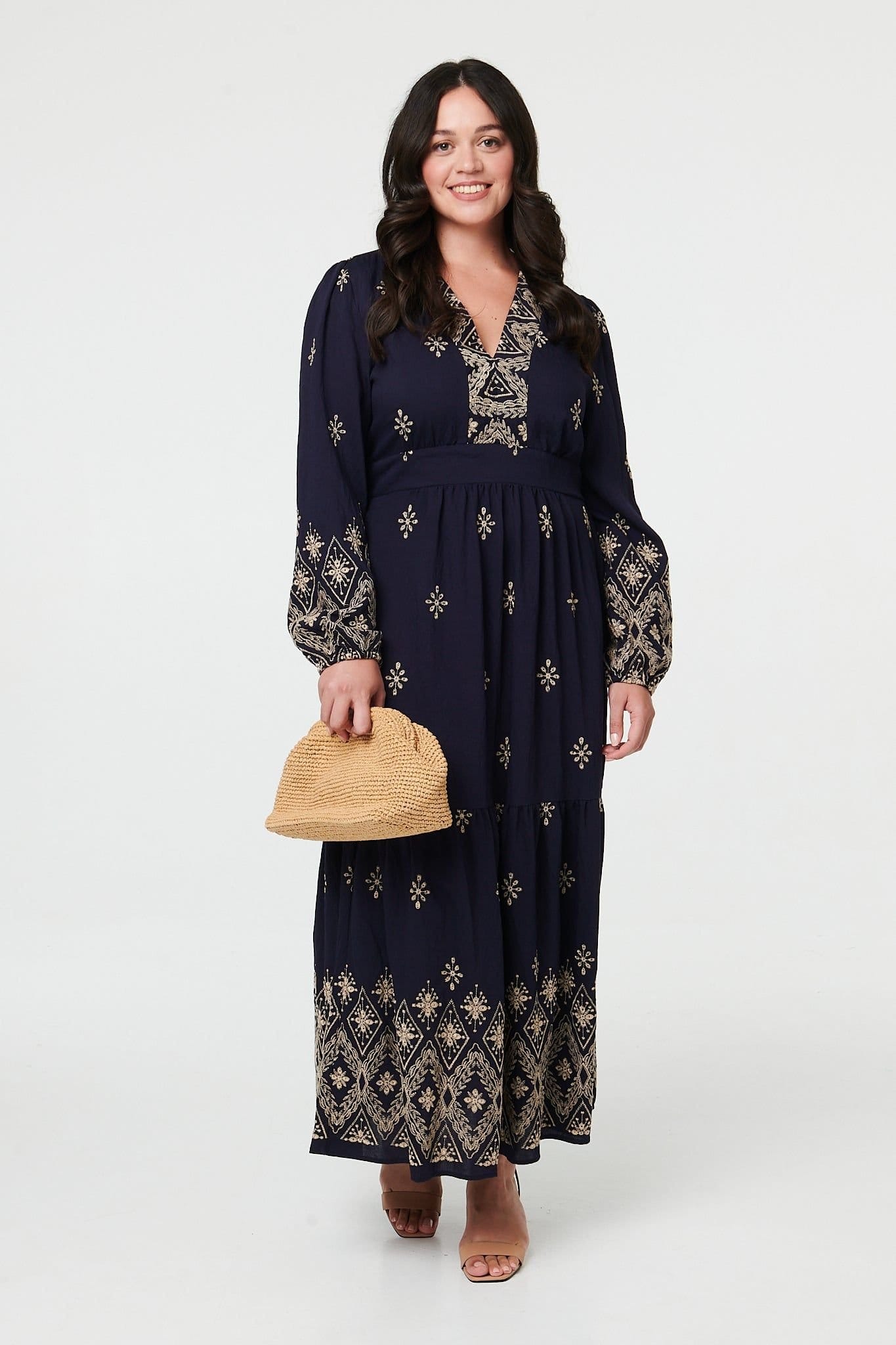 Izabel London Multicolor Border Print V-Neck Maxi Dress