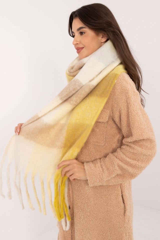 Love Lace Love Lace Women's Elegant Check Polyester Scarf with Tassels for Warm Winter in Yellow - 2