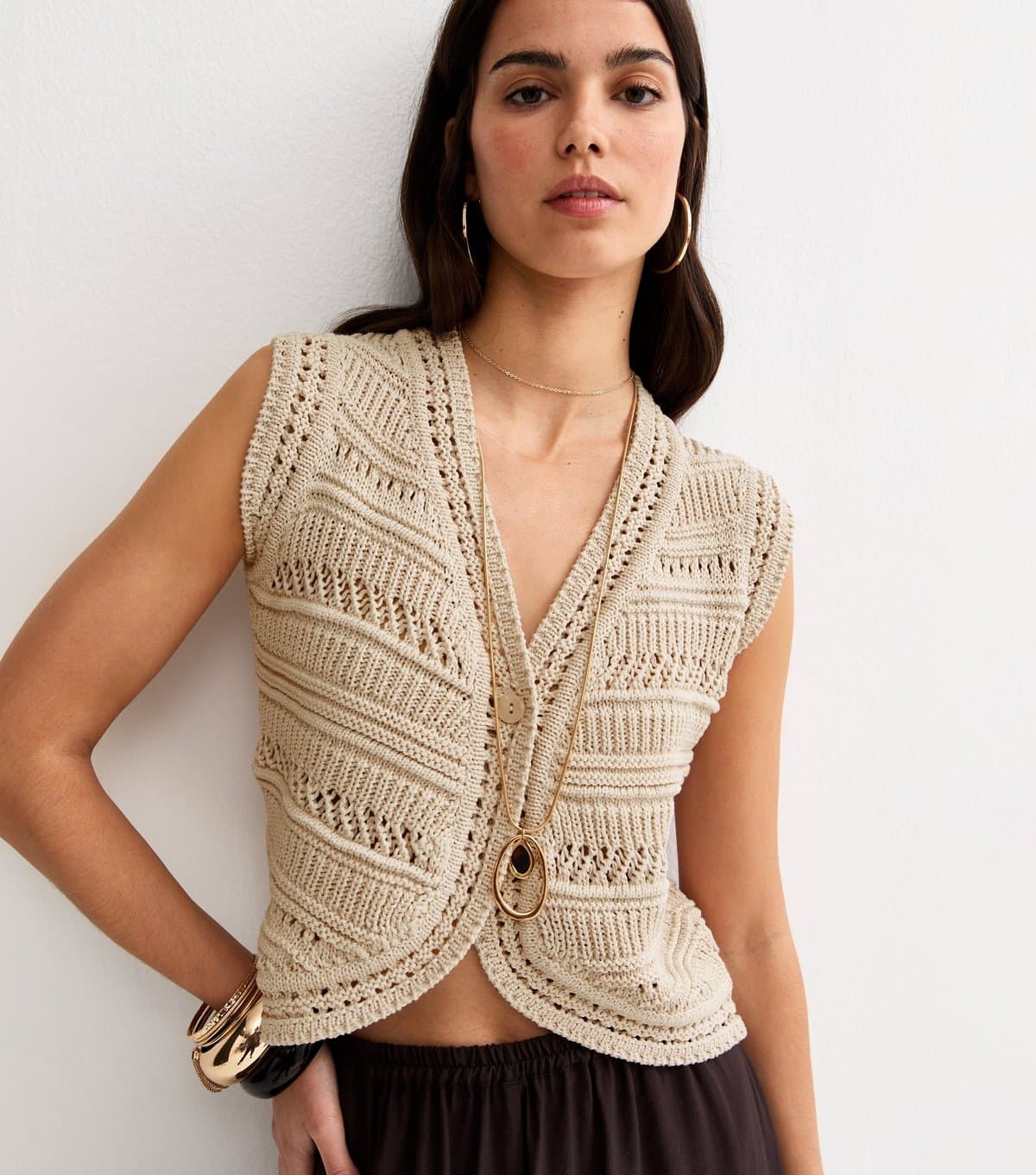 New Look Women's Oatmeal Knit Lader Stitch Waistcoat New Look