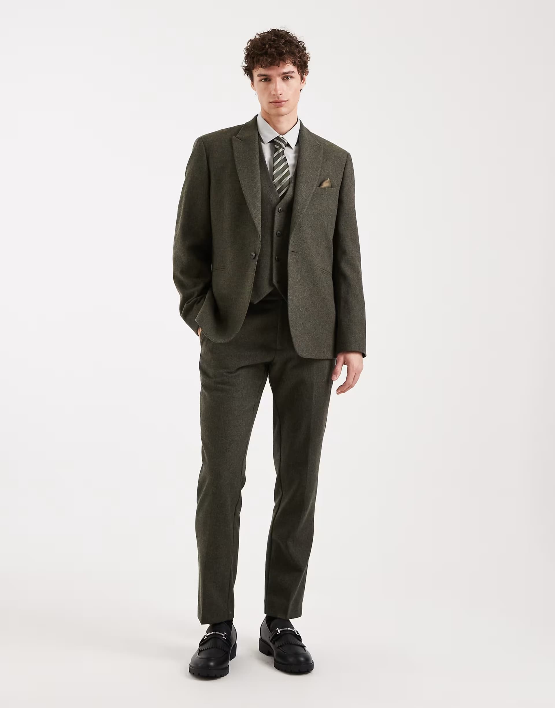 ASOS ASOS DESIGN wool mix slim suit trousers in khaki herringbone