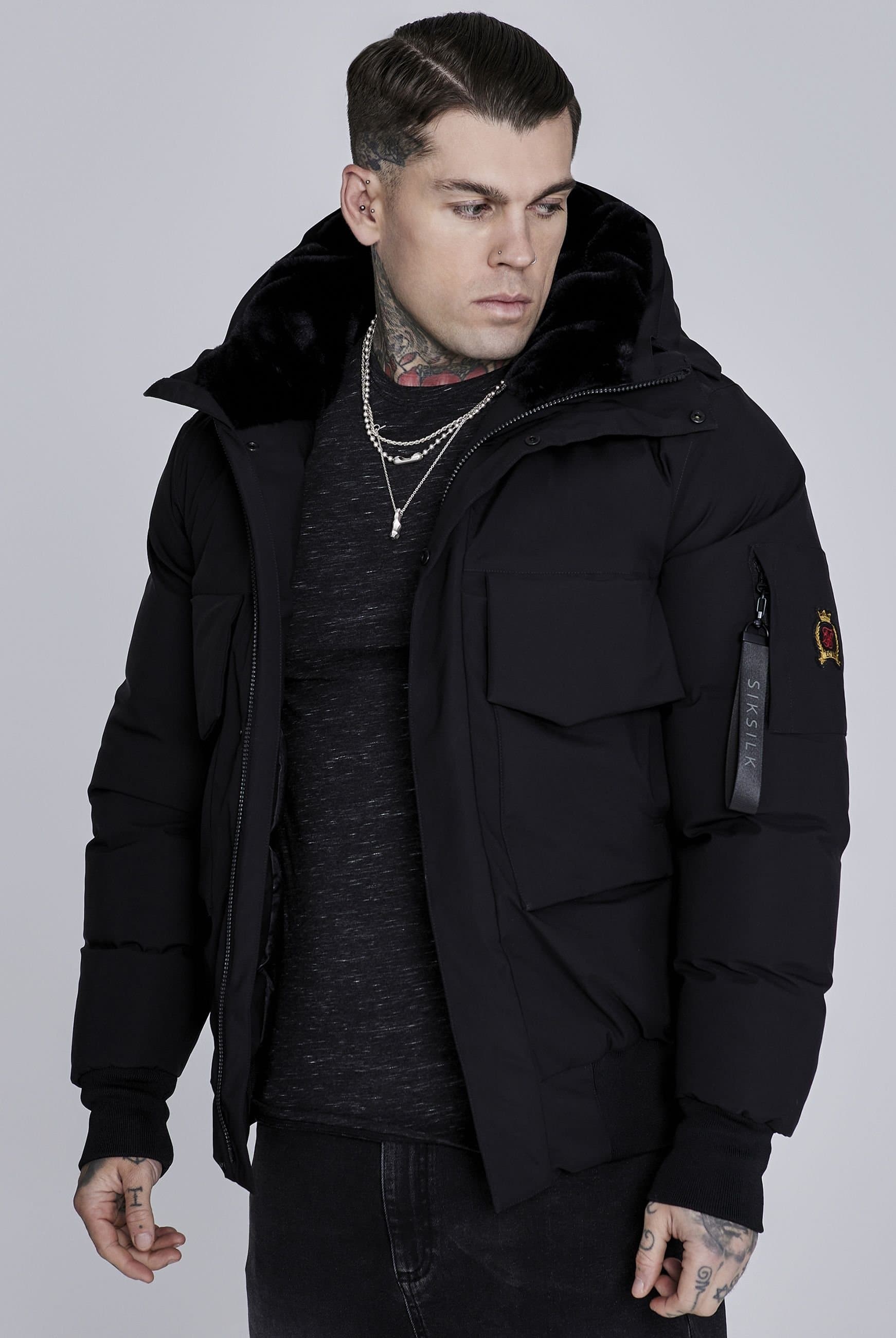 SikSilk SikSilk Men's Hooded Bomber Jacket In Black