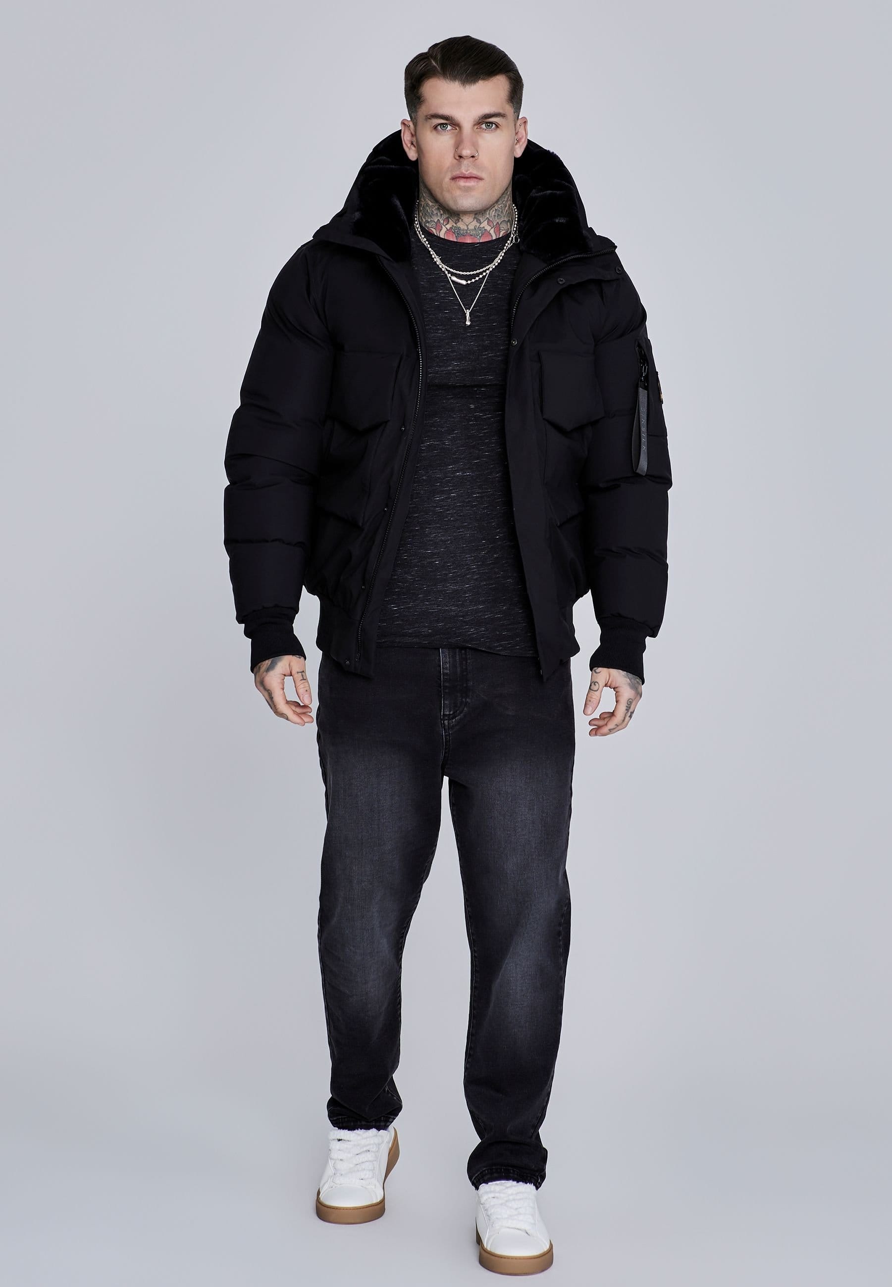 SikSilk SikSilk Men's Hooded Bomber Jacket in Black - 4