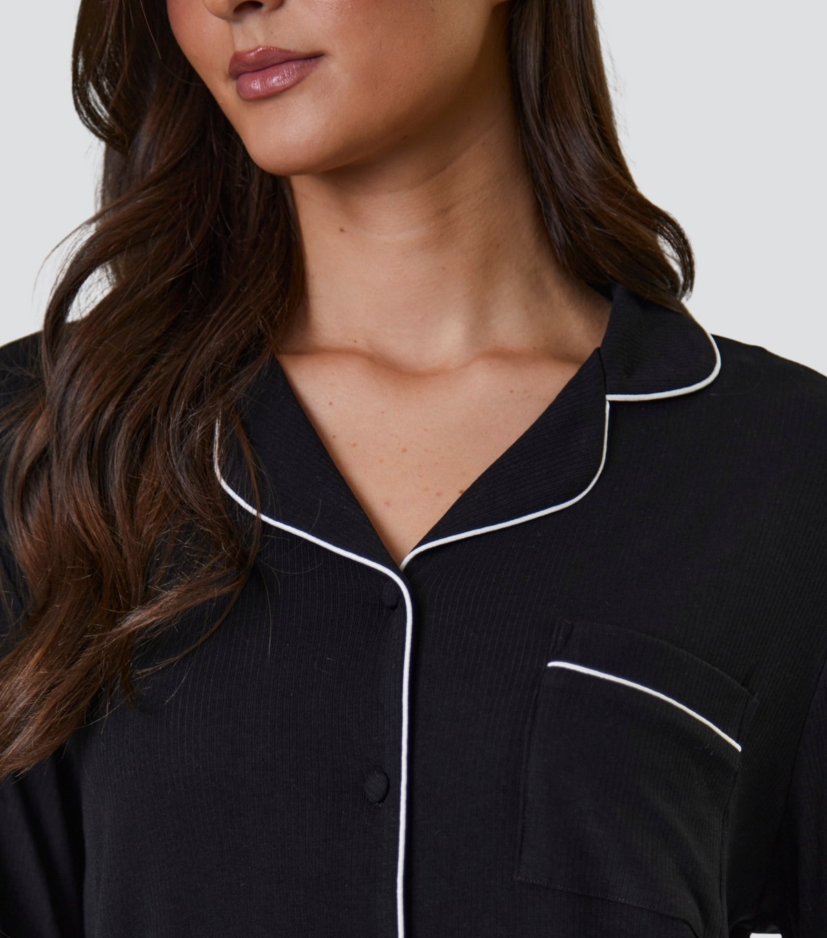 Loungeable Women's Black Ribbed Shirt and Trousers Pyjama Set Loungeable New Look - 3