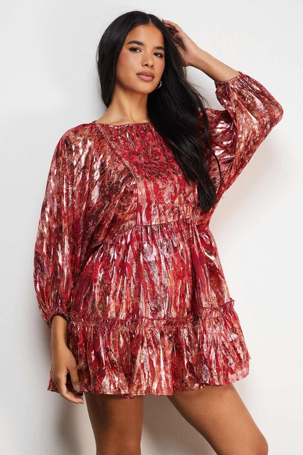 Warehouse Warehouse Women's Metallic Jacquard Volume Sleeve Mini Dress in Floral - 2