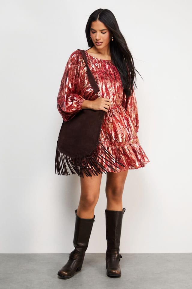 Warehouse Warehouse Women's Metallic Jacquard Volume Sleeve Mini Dress in Floral - 2